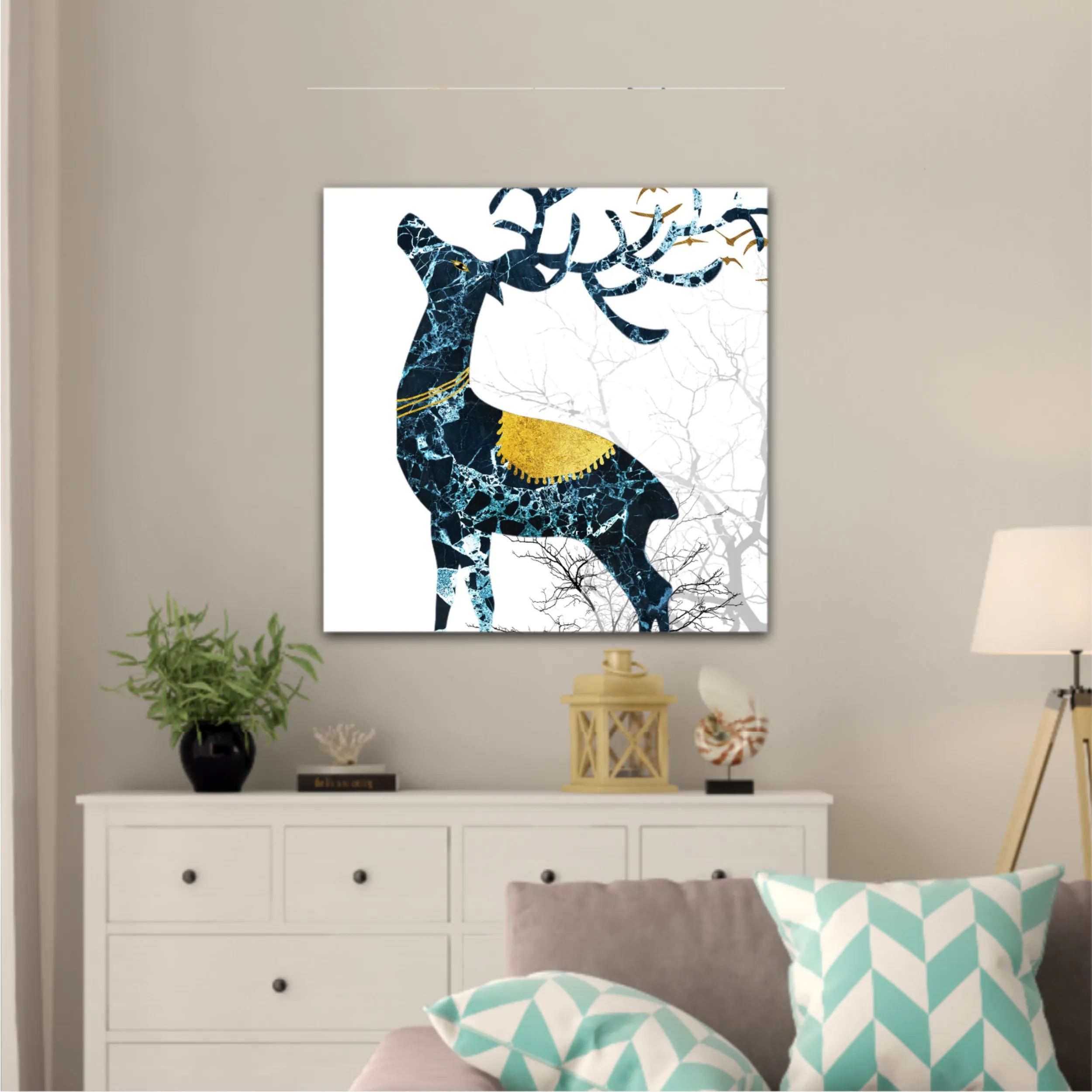 3d illustration of green deer on the mountain and dry trees