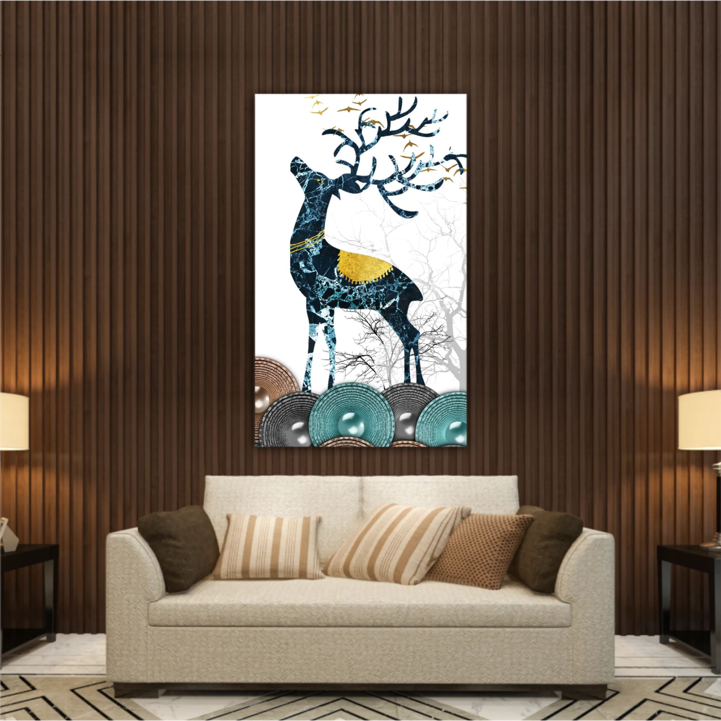 3d illustration of green deer on the mountain and dry trees