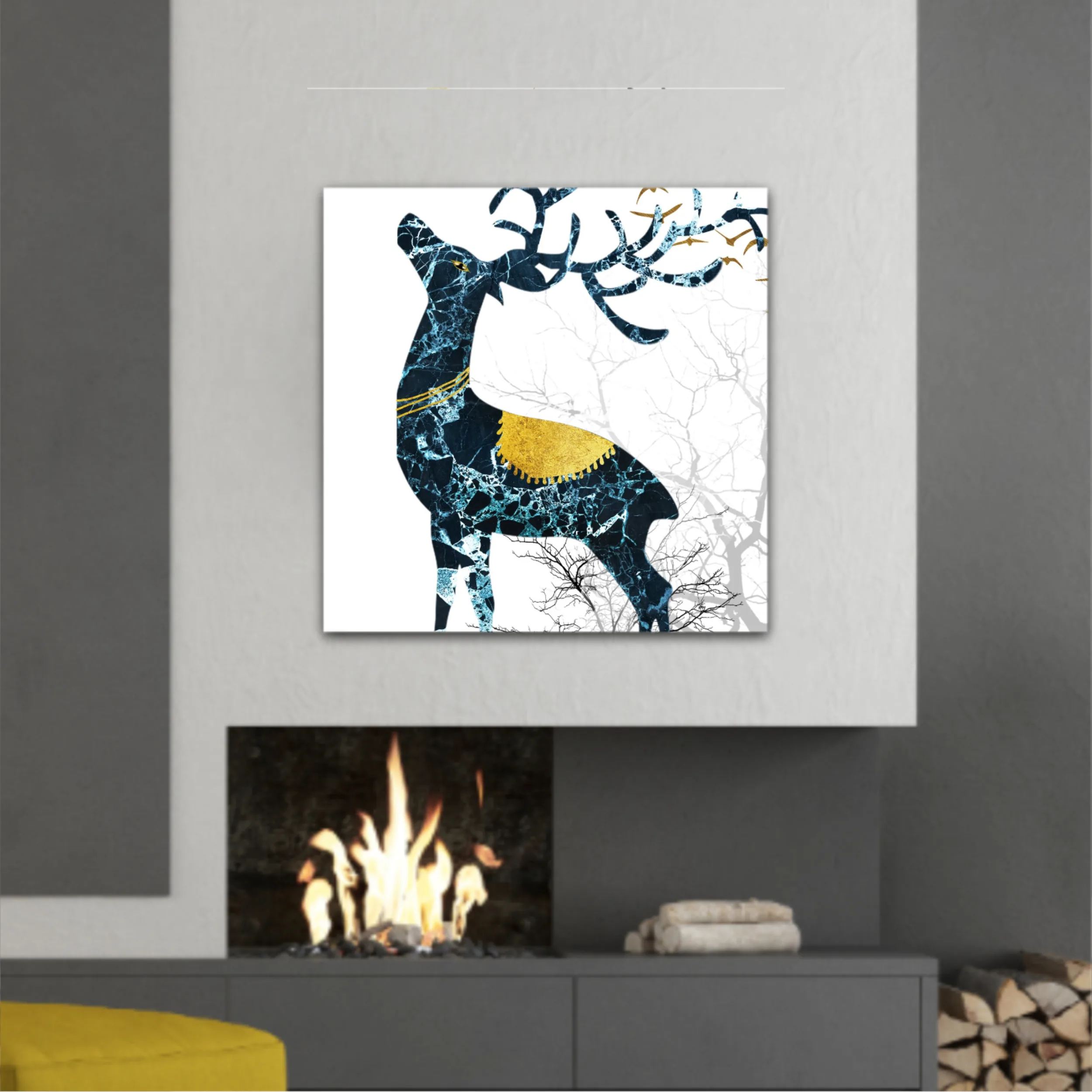 3d illustration of green deer on the mountain and dry trees