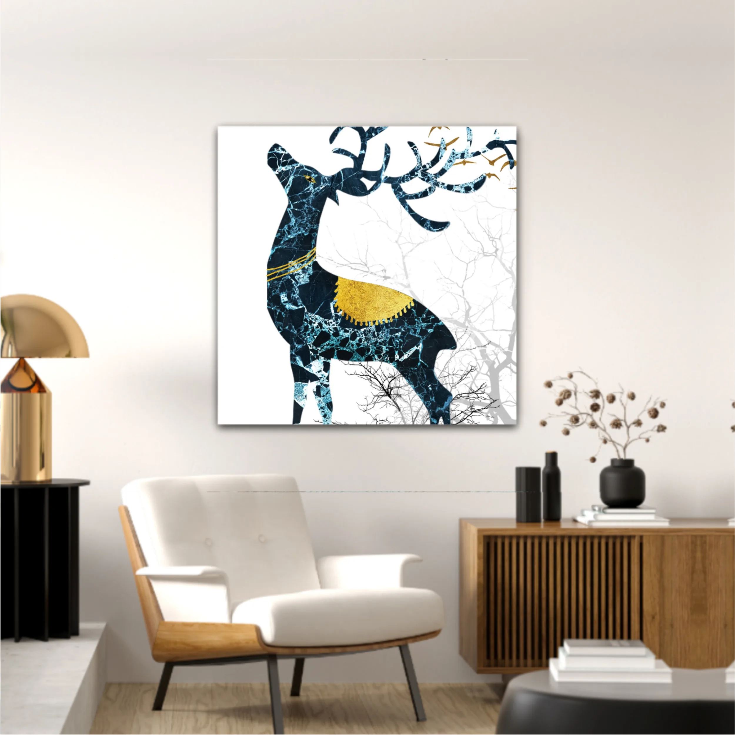 3d illustration of green deer on the mountain and dry trees