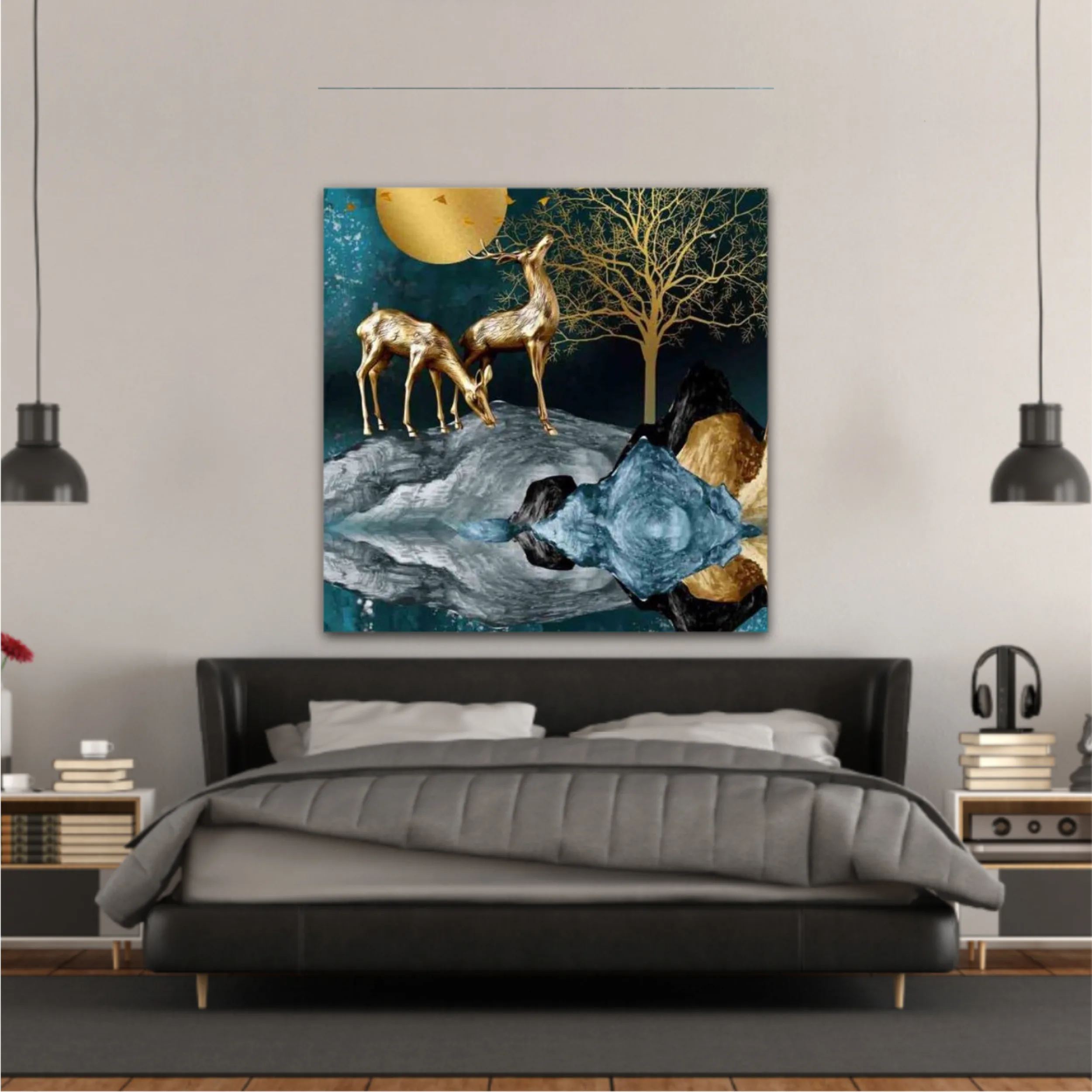 3d illustration of golden deer in the mountain. Luxurious abstract art digital painting