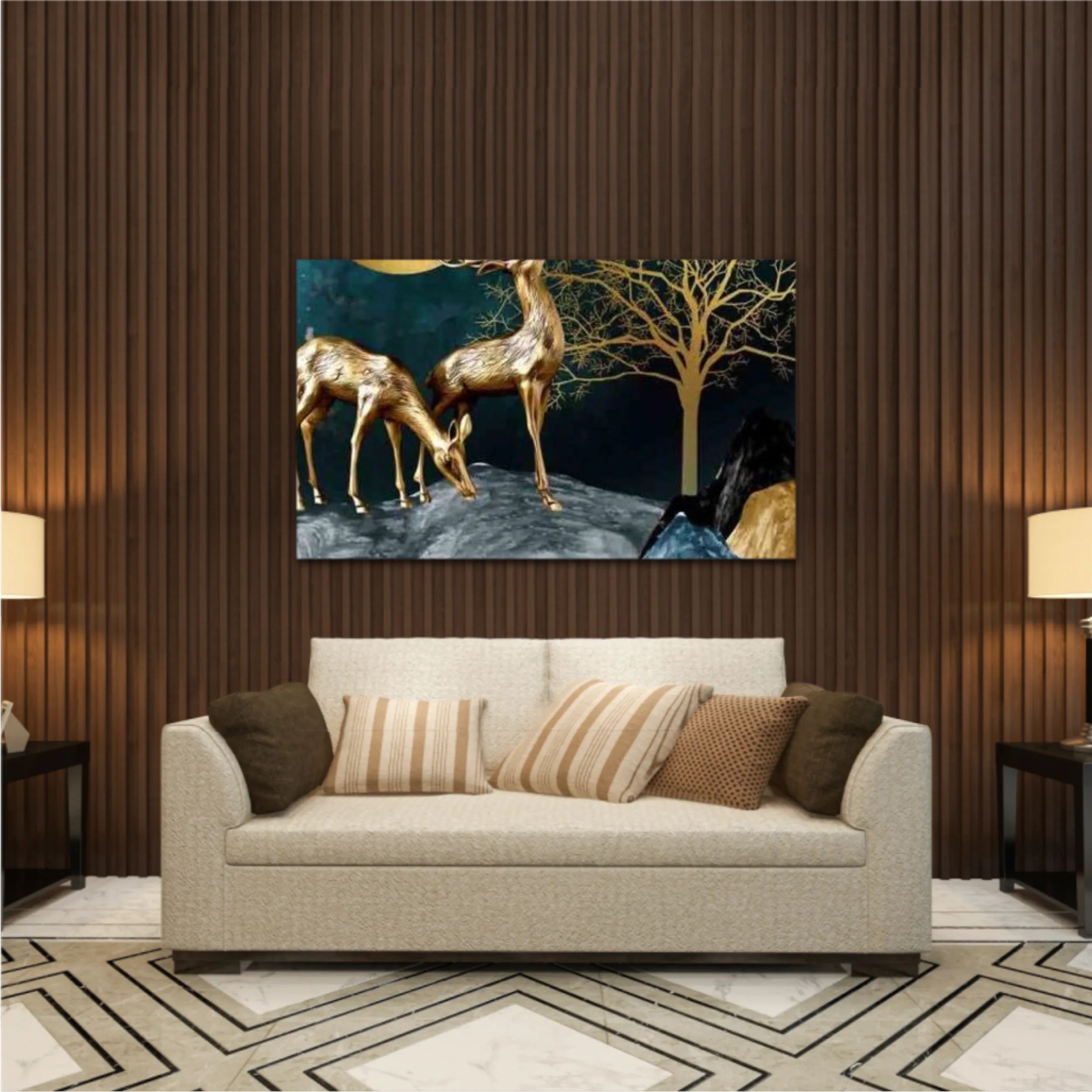 3d illustration of golden deer in the mountain. Luxurious abstract art digital painting