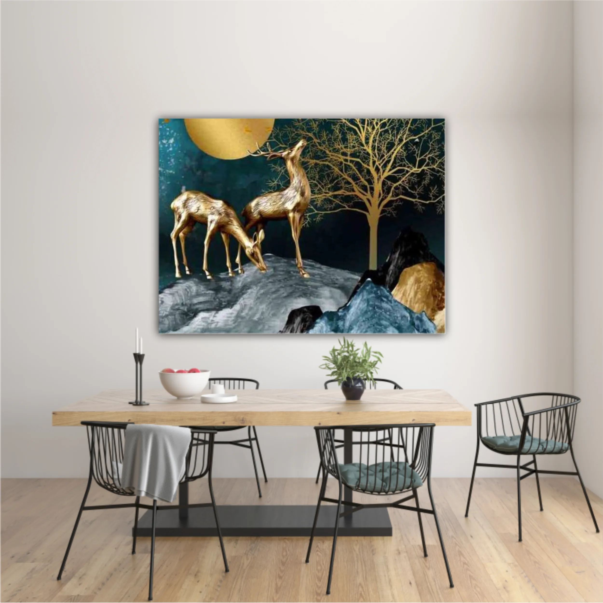 3d illustration of golden deer in the mountain. Luxurious abstract art digital painting