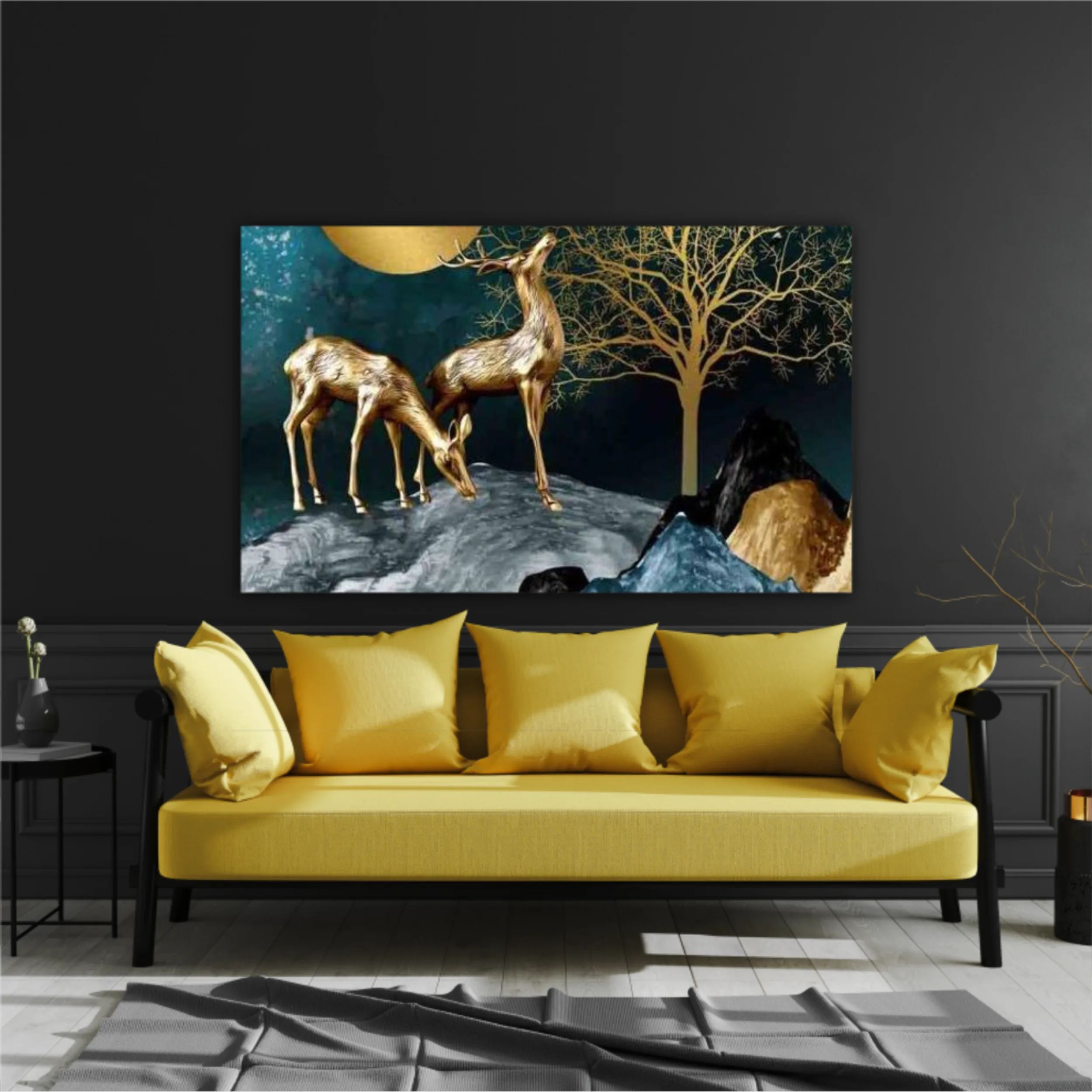 3d illustration of golden deer in the mountain. Luxurious abstract art digital painting