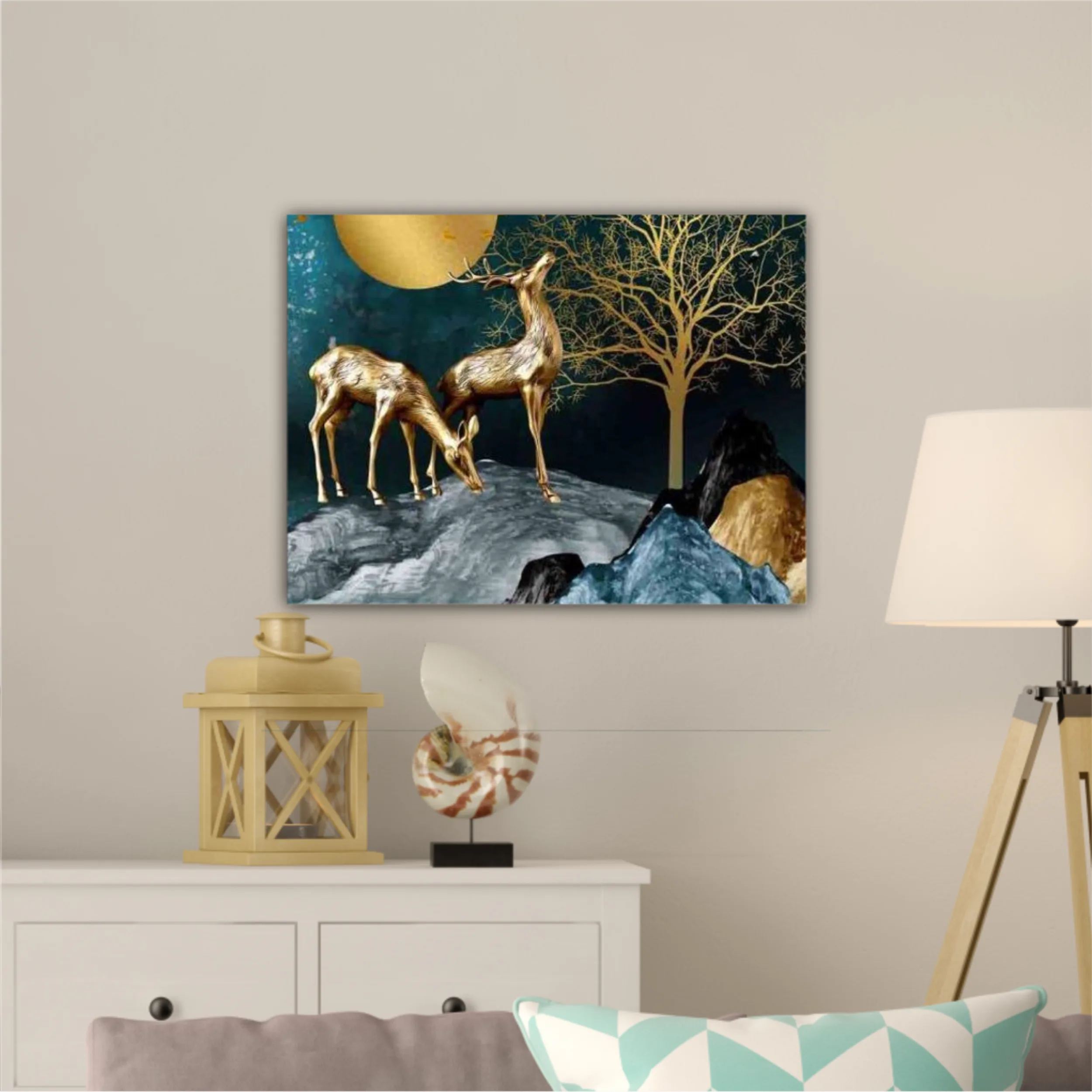 3d illustration of golden deer in the mountain. Luxurious abstract art digital painting