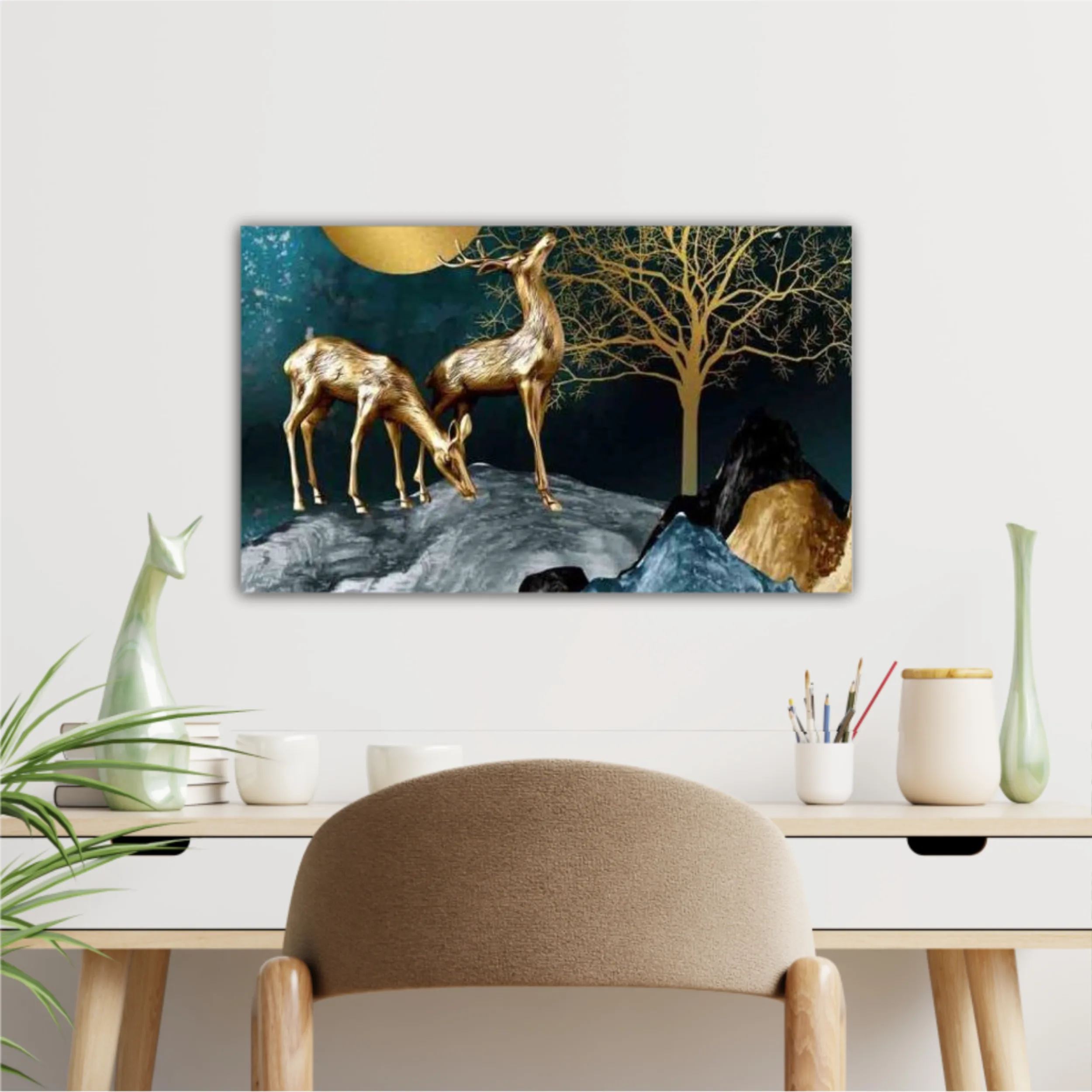 3d illustration of golden deer in the mountain. Luxurious abstract art digital painting