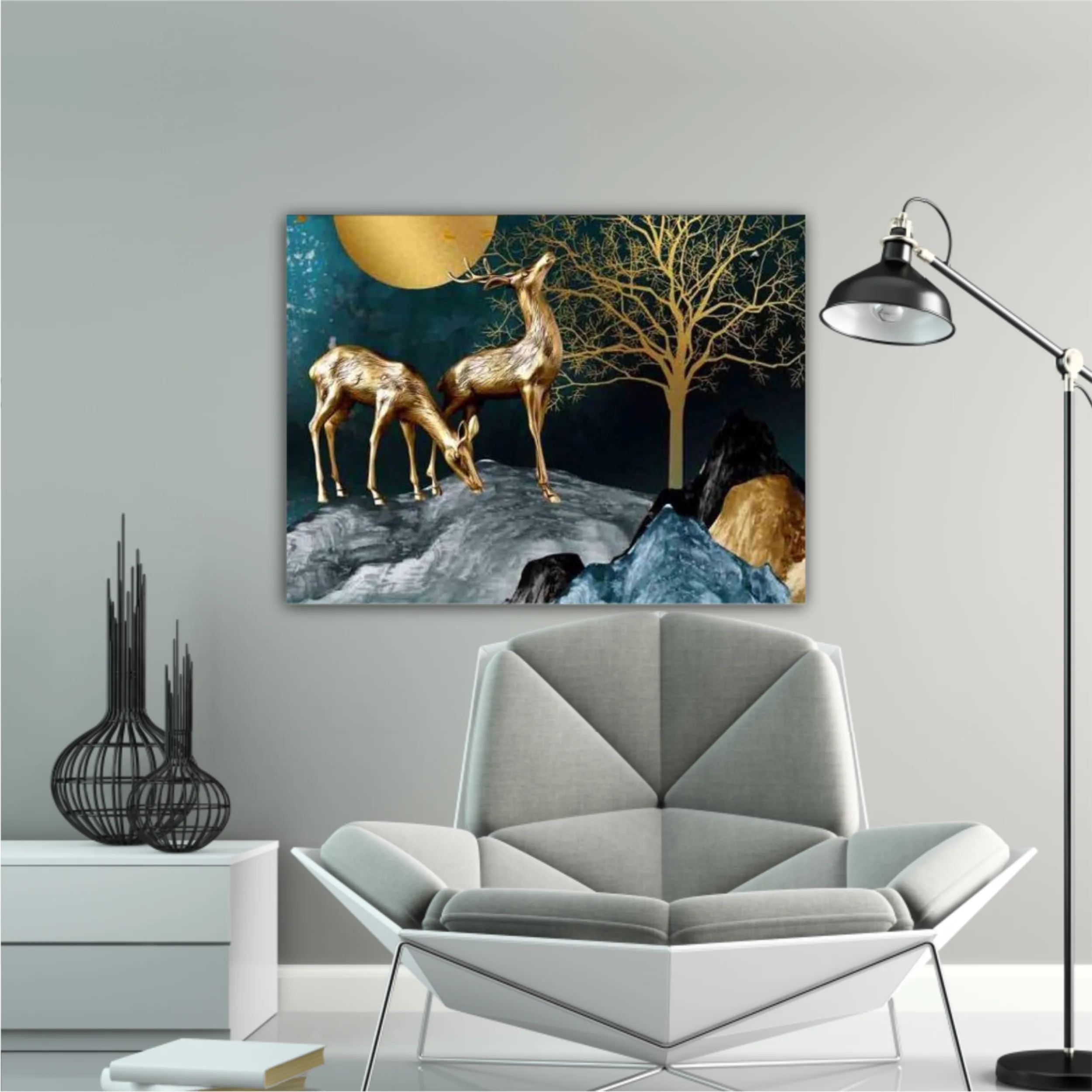 3d illustration of golden deer in the mountain. Luxurious abstract art digital painting