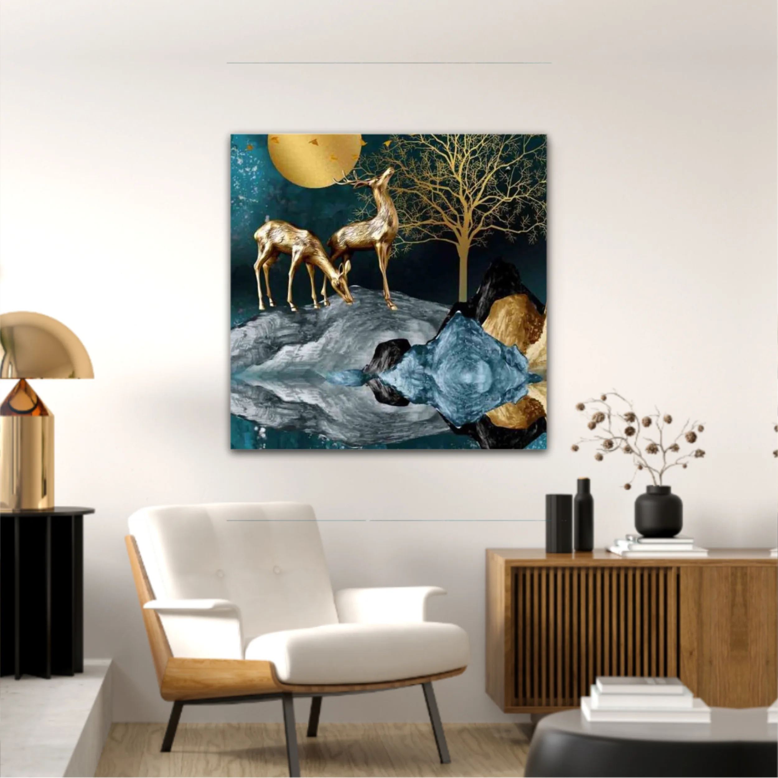 3d illustration of golden deer in the mountain. Luxurious abstract art digital painting