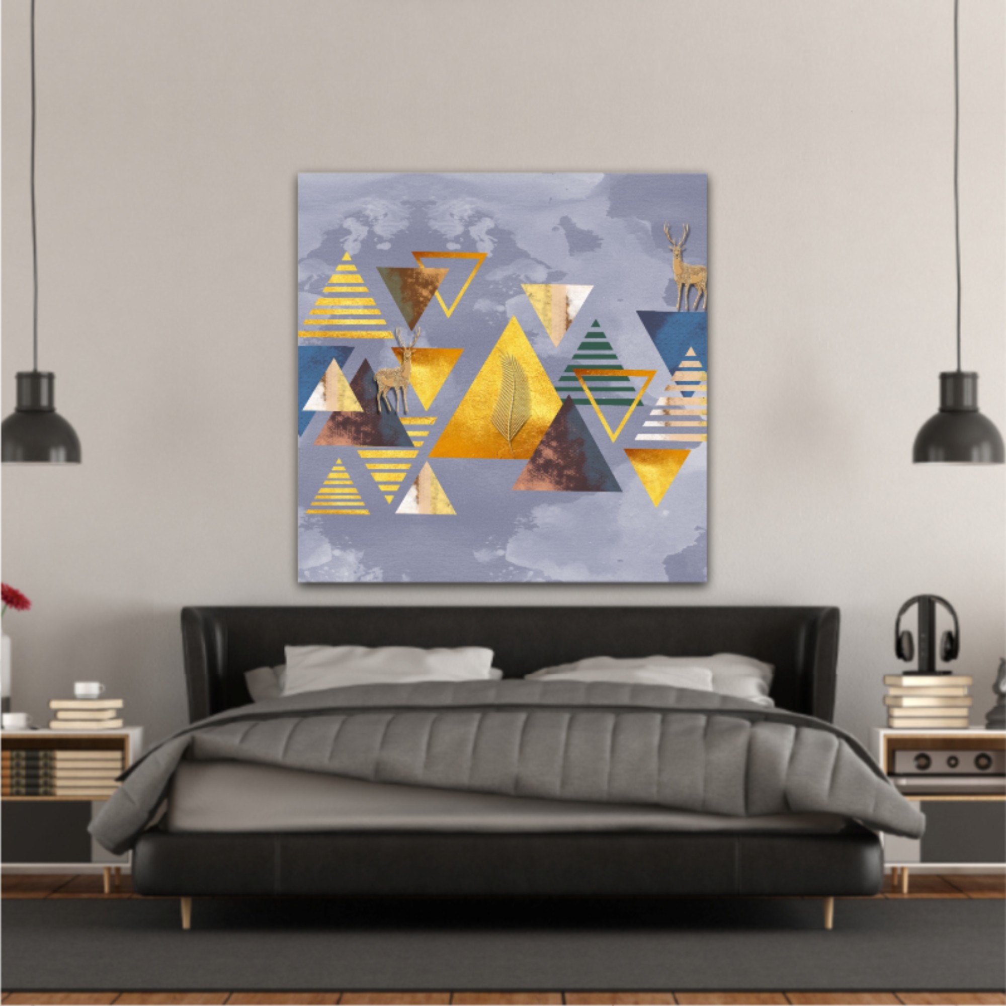 3d illustration of triangles, deer and leaves