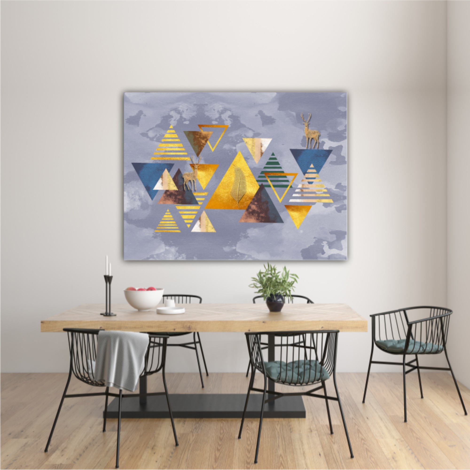 3d illustration of triangles, deer and leaves