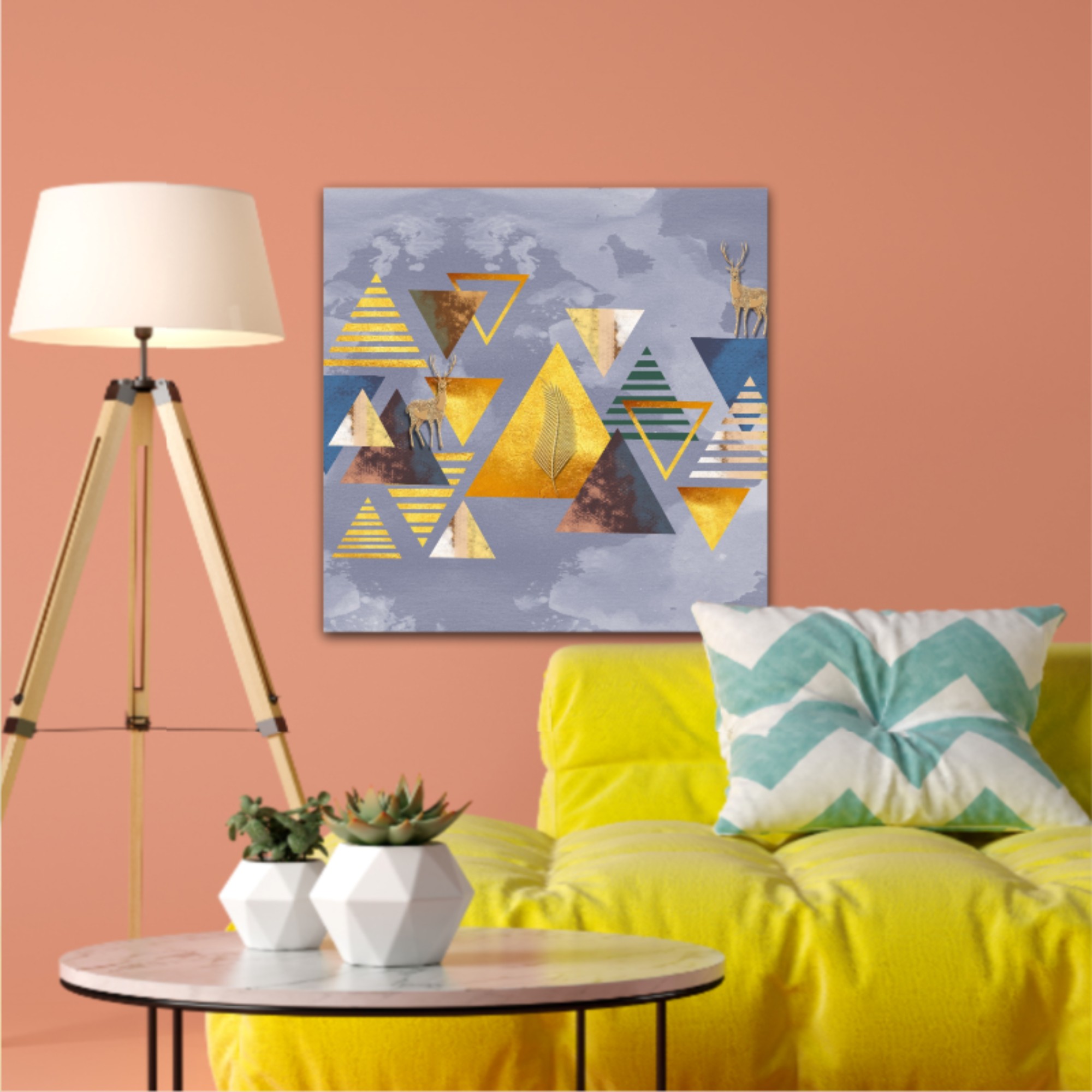 3d illustration of triangles, deer and leaves