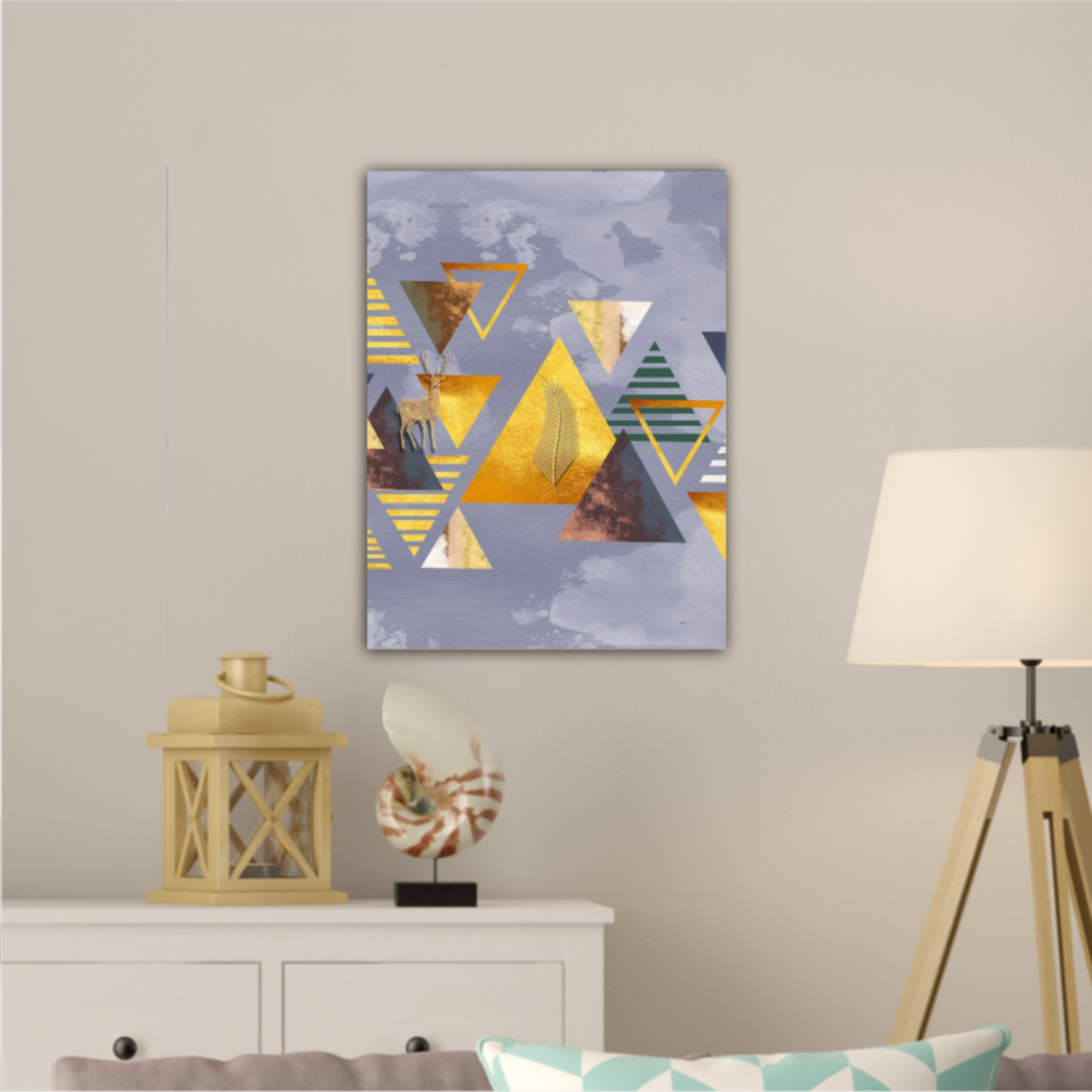 3d illustration of triangles, deer and leaves