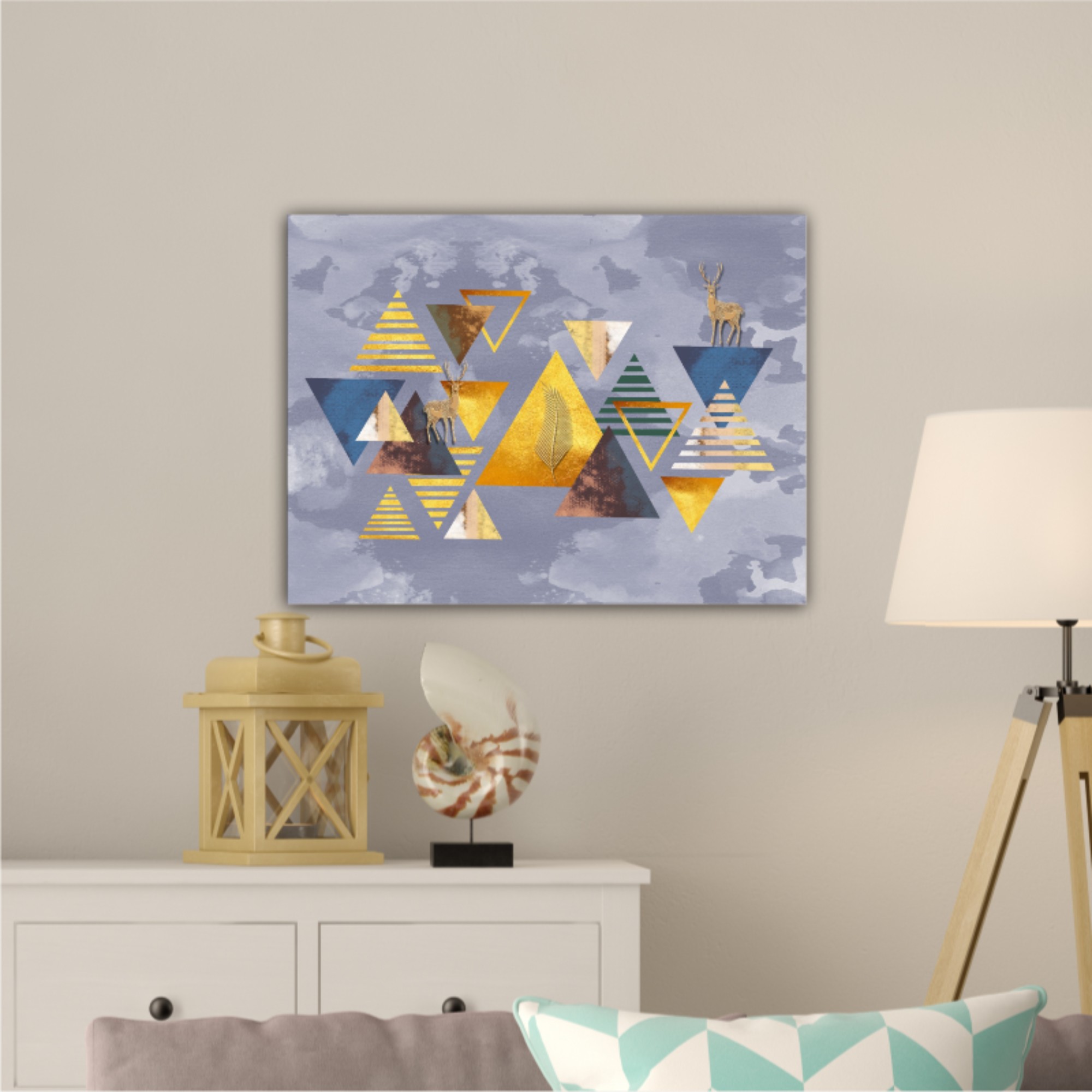 3d illustration of triangles, deer and leaves