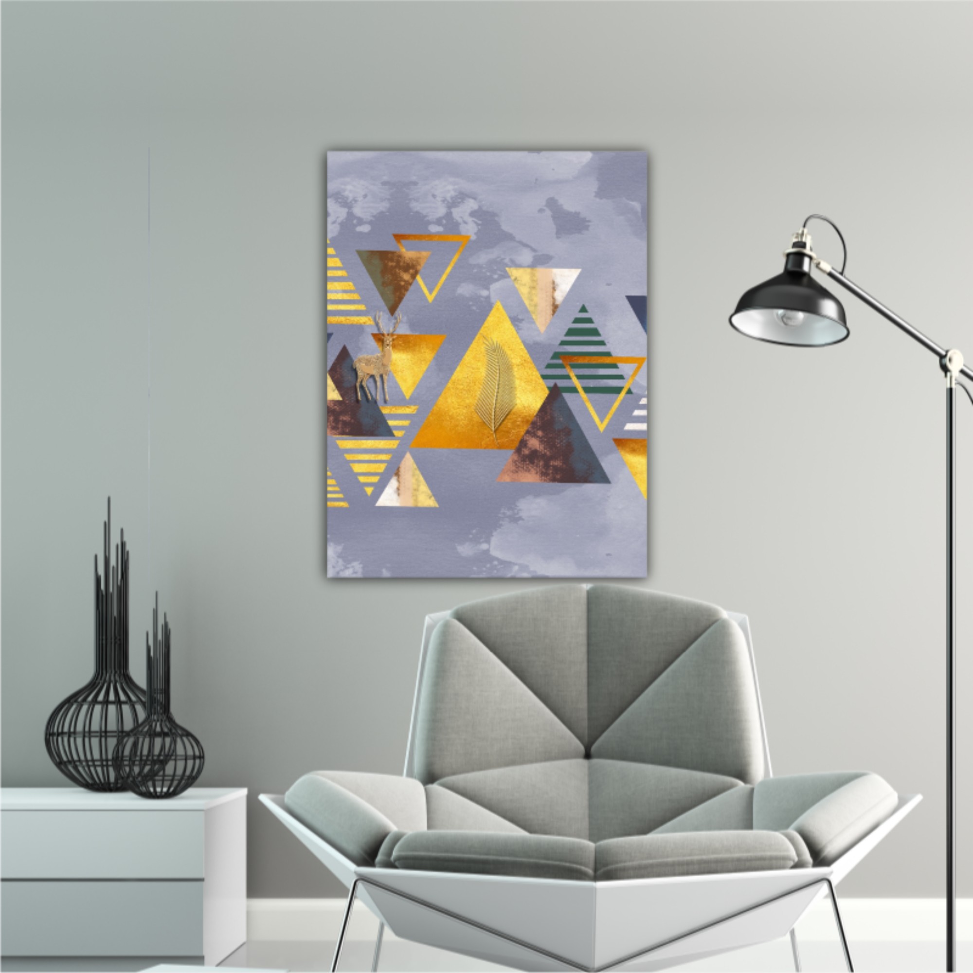 3d illustration of triangles, deer and leaves