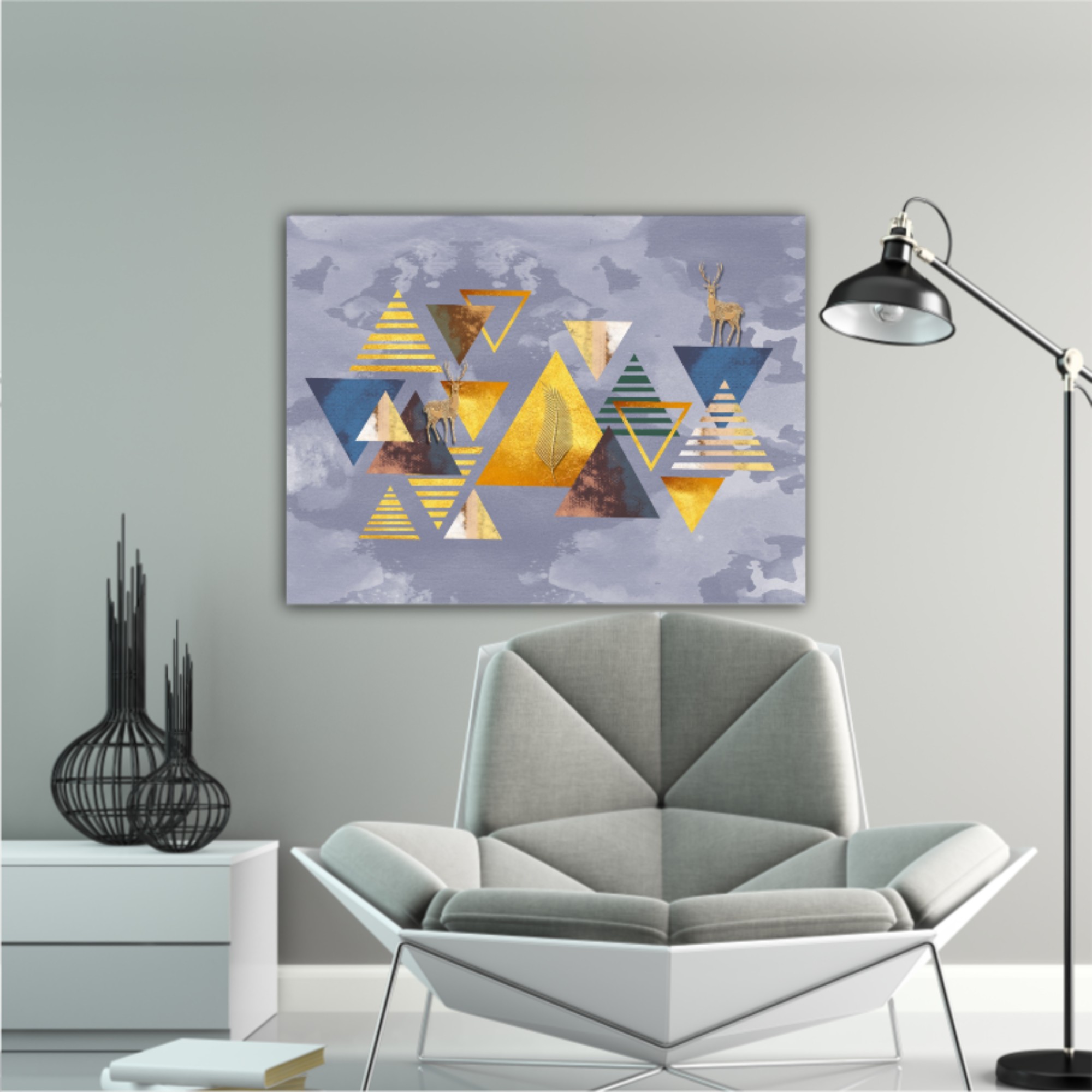 3d illustration of triangles, deer and leaves