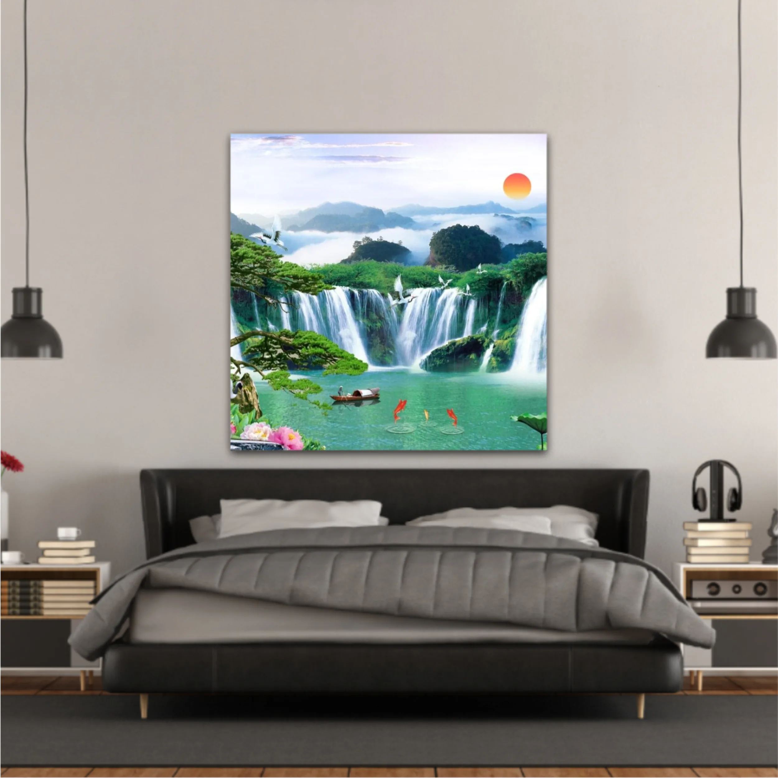 3d illustration of forest waterfall and bird