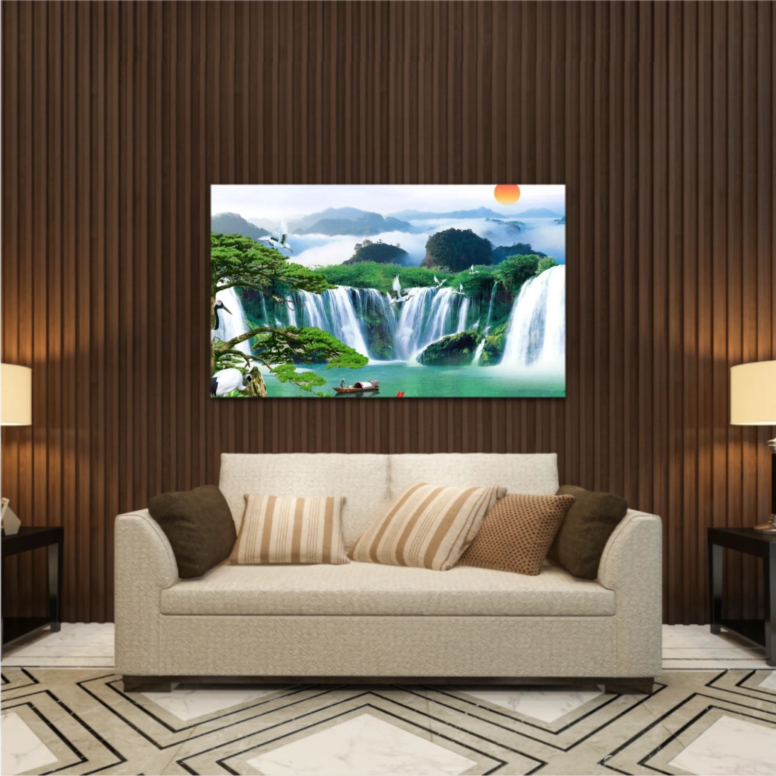 3d illustration of forest waterfall and bird