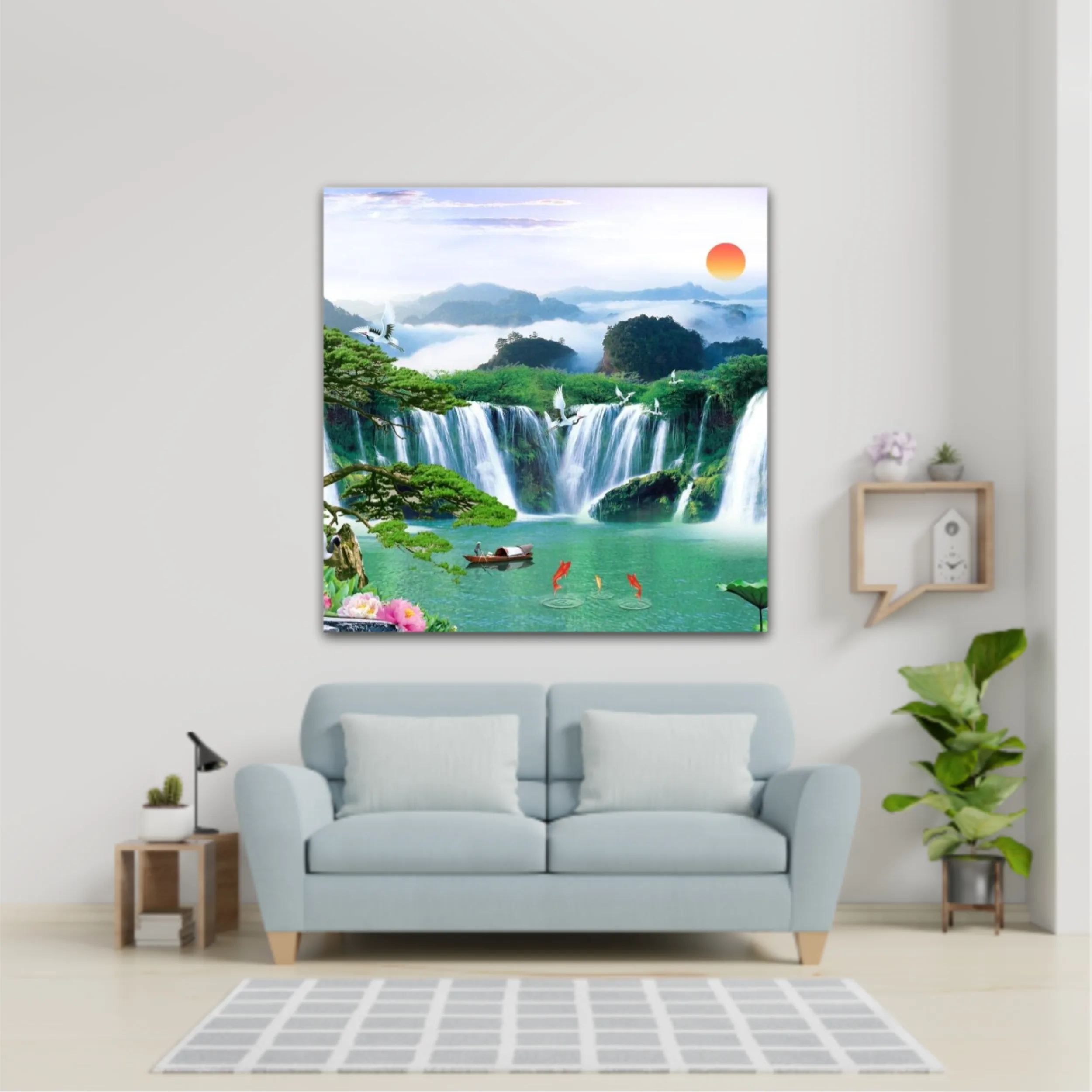 3d illustration of forest waterfall and bird