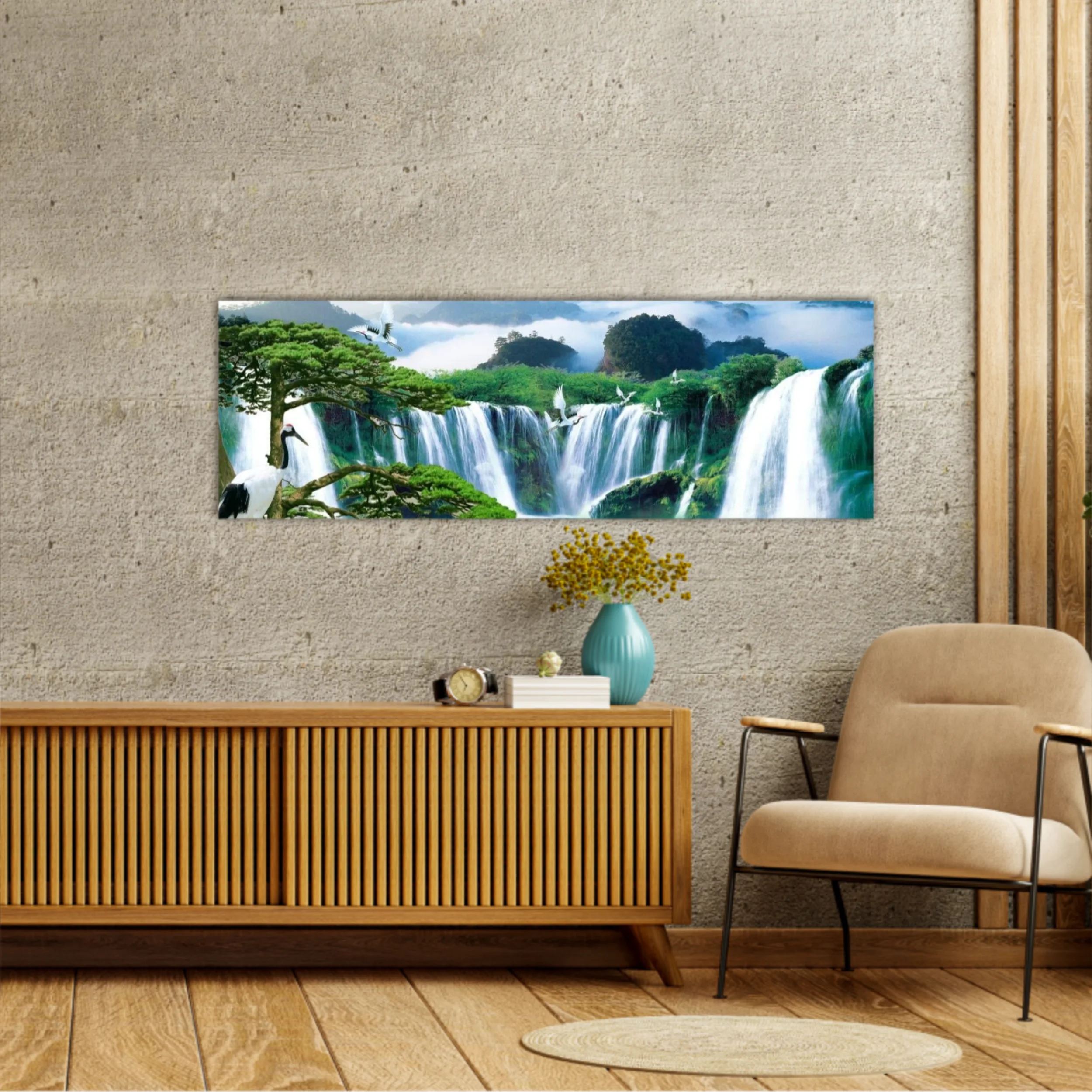 3d illustration of forest waterfall and bird