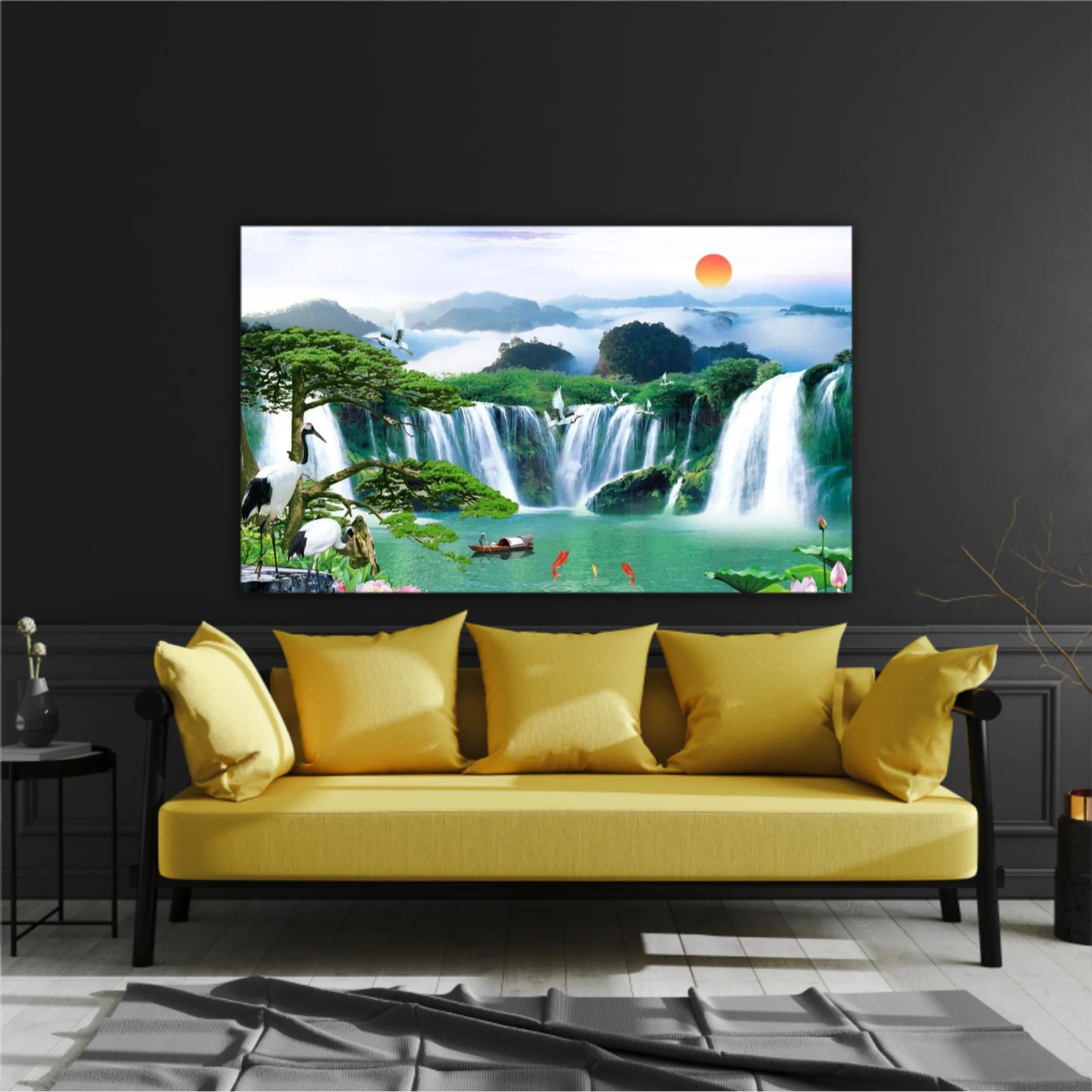 3d illustration of forest waterfall and bird