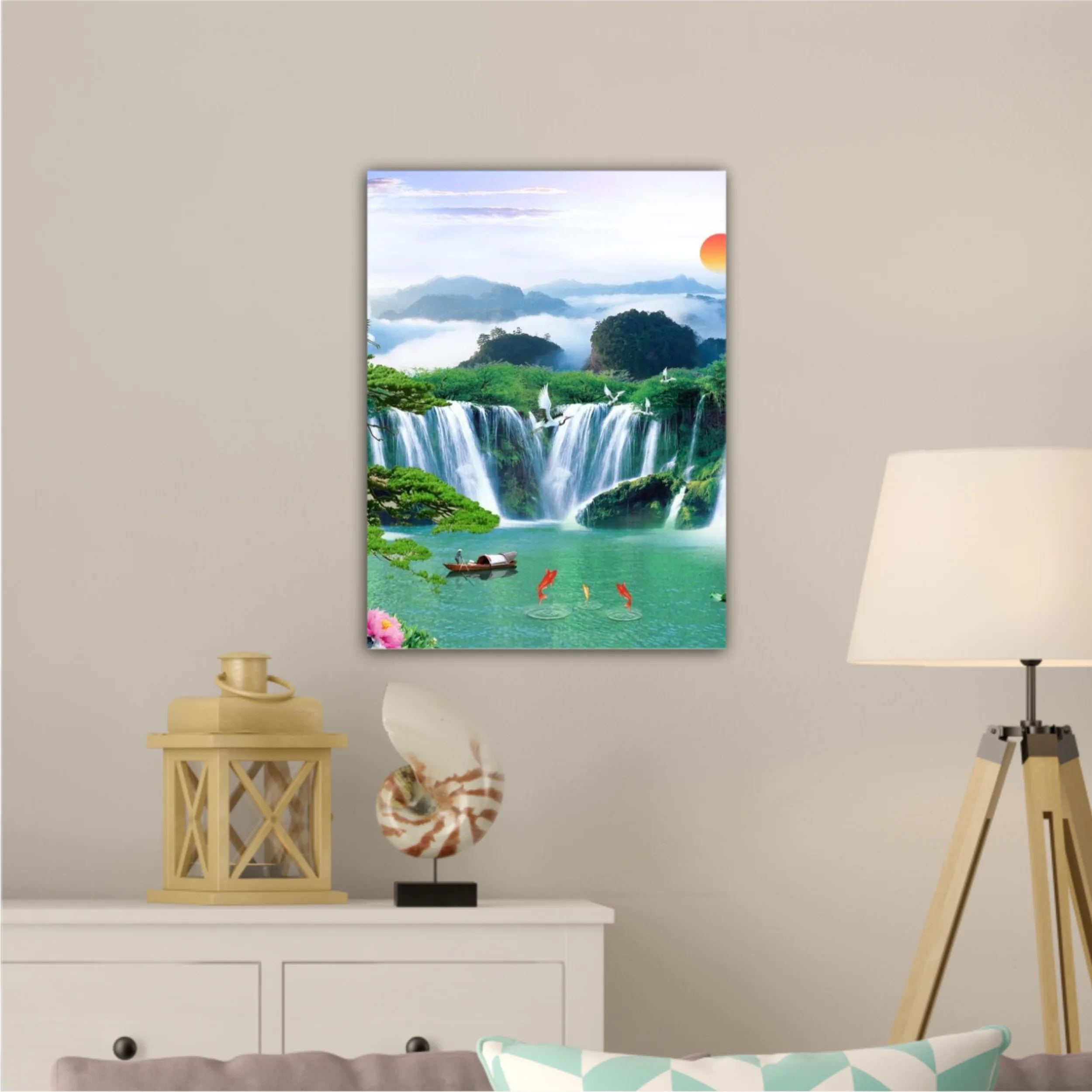 3d illustration of forest waterfall and bird