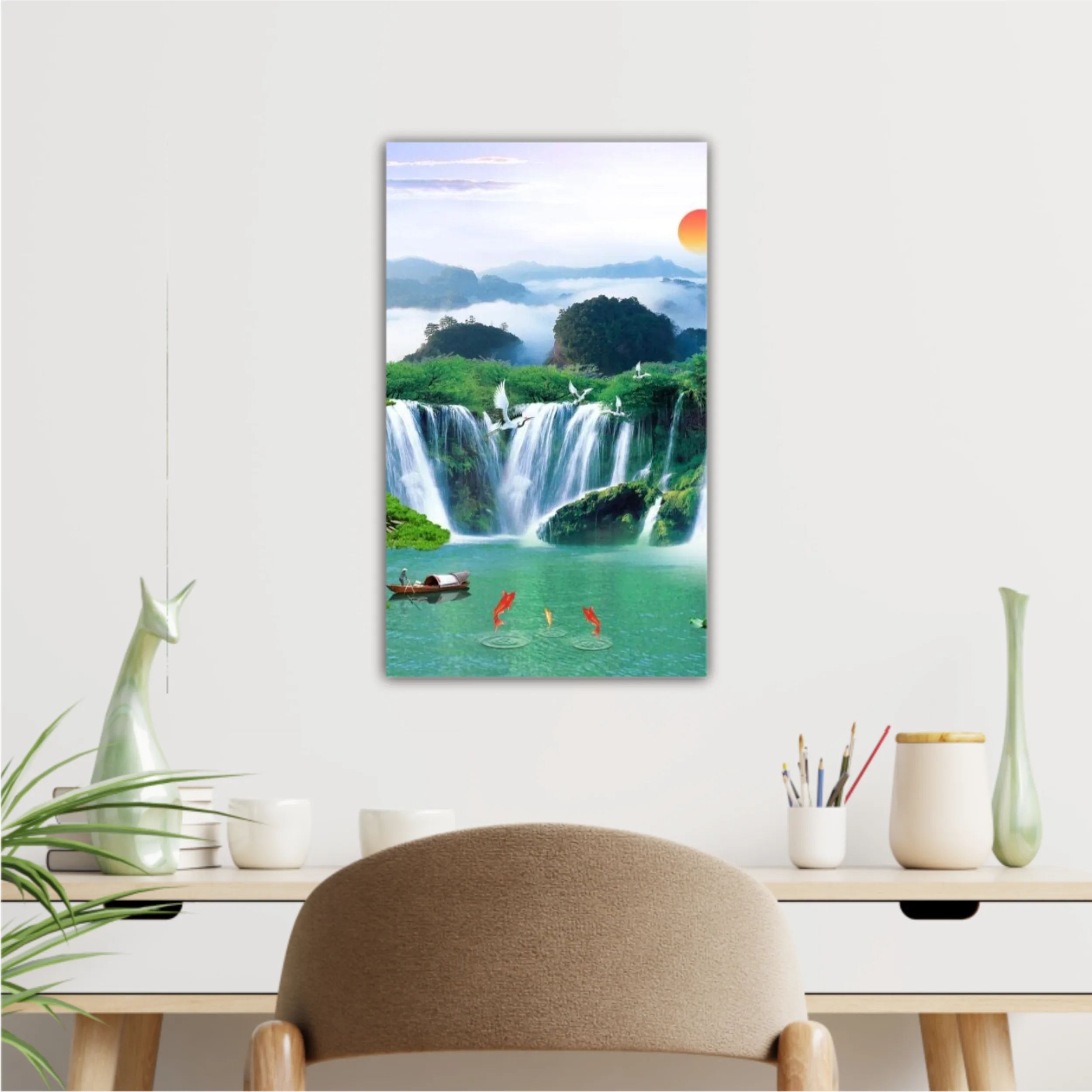 3d illustration of forest waterfall and bird