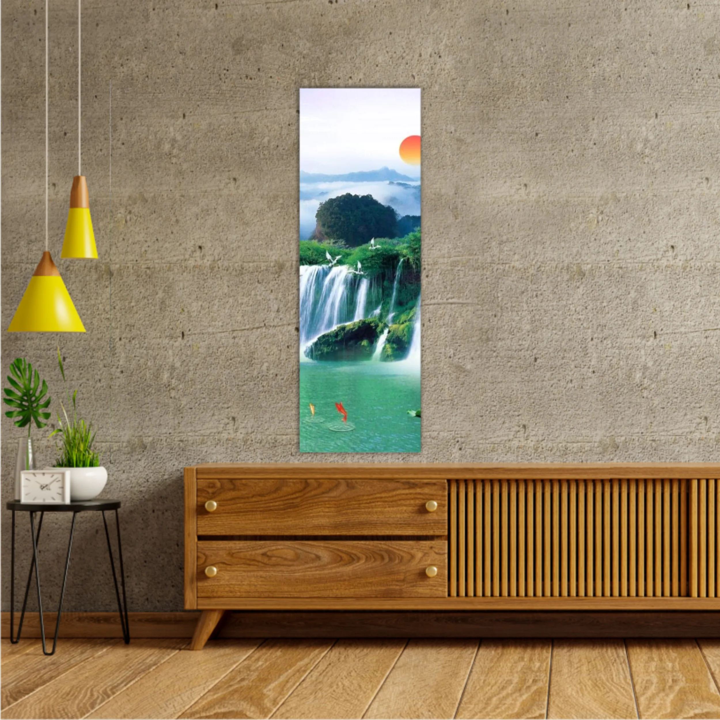 3d illustration of forest waterfall and bird