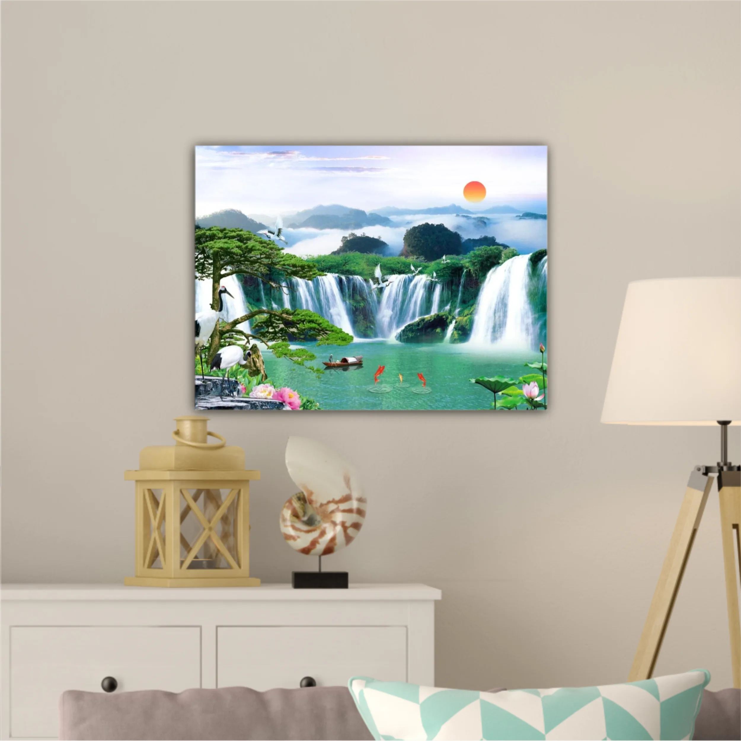 3d illustration of forest waterfall and bird