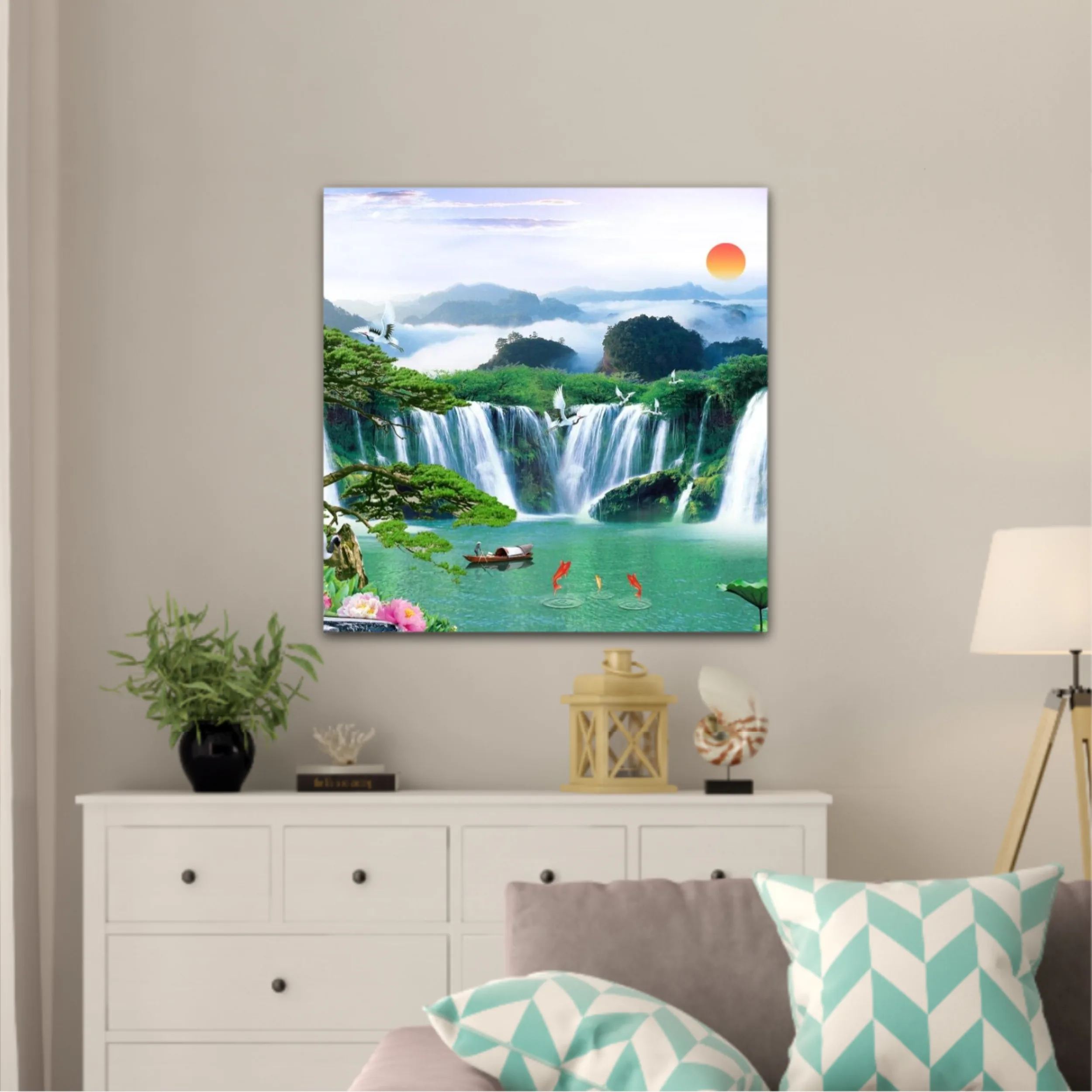 3d illustration of forest waterfall and bird