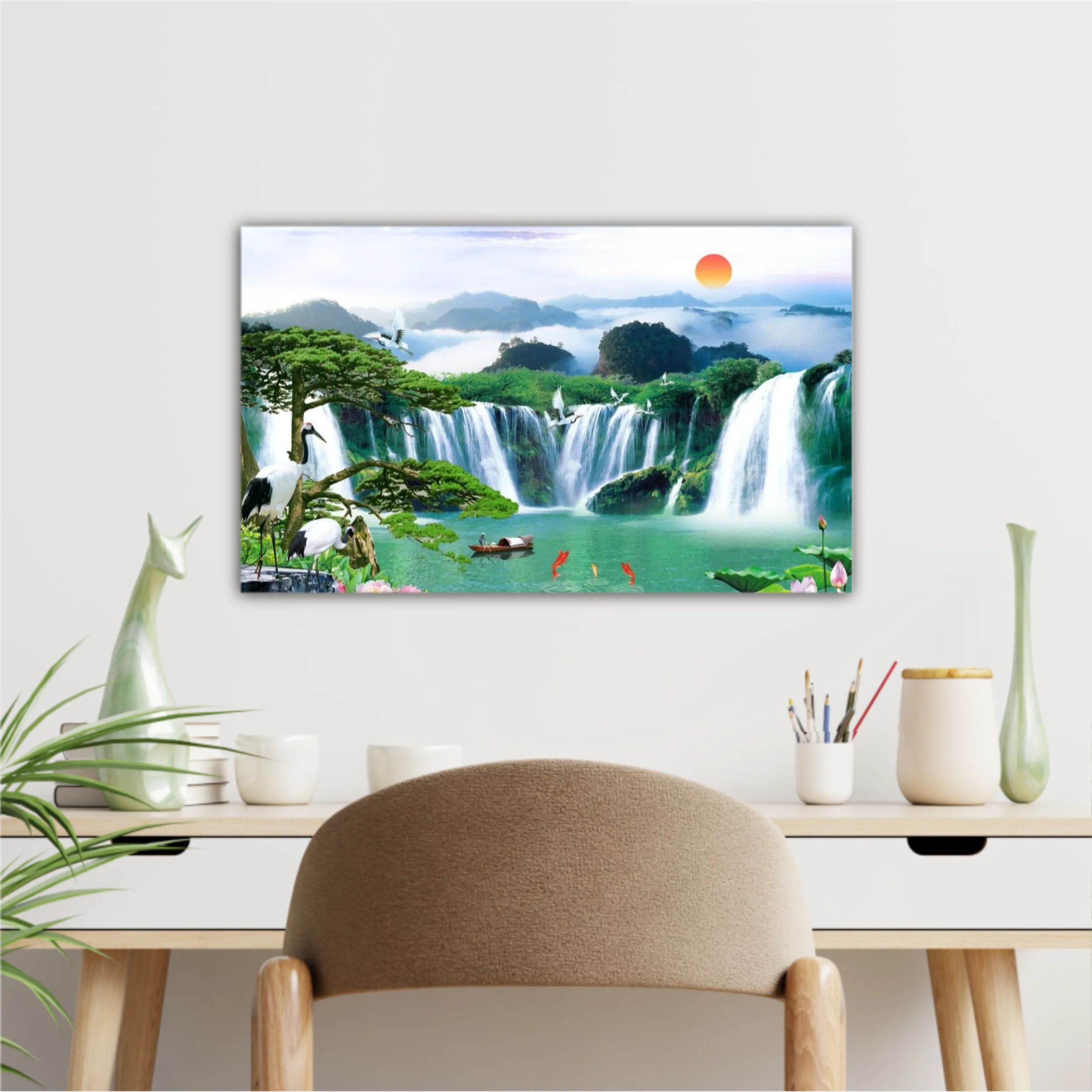 3d illustration of forest waterfall and bird