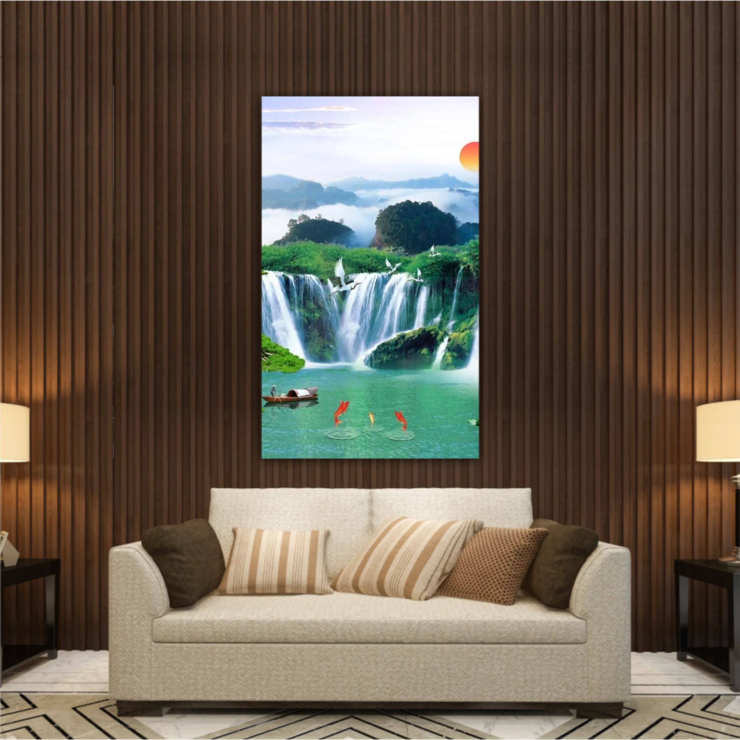 3d illustration of forest waterfall and bird