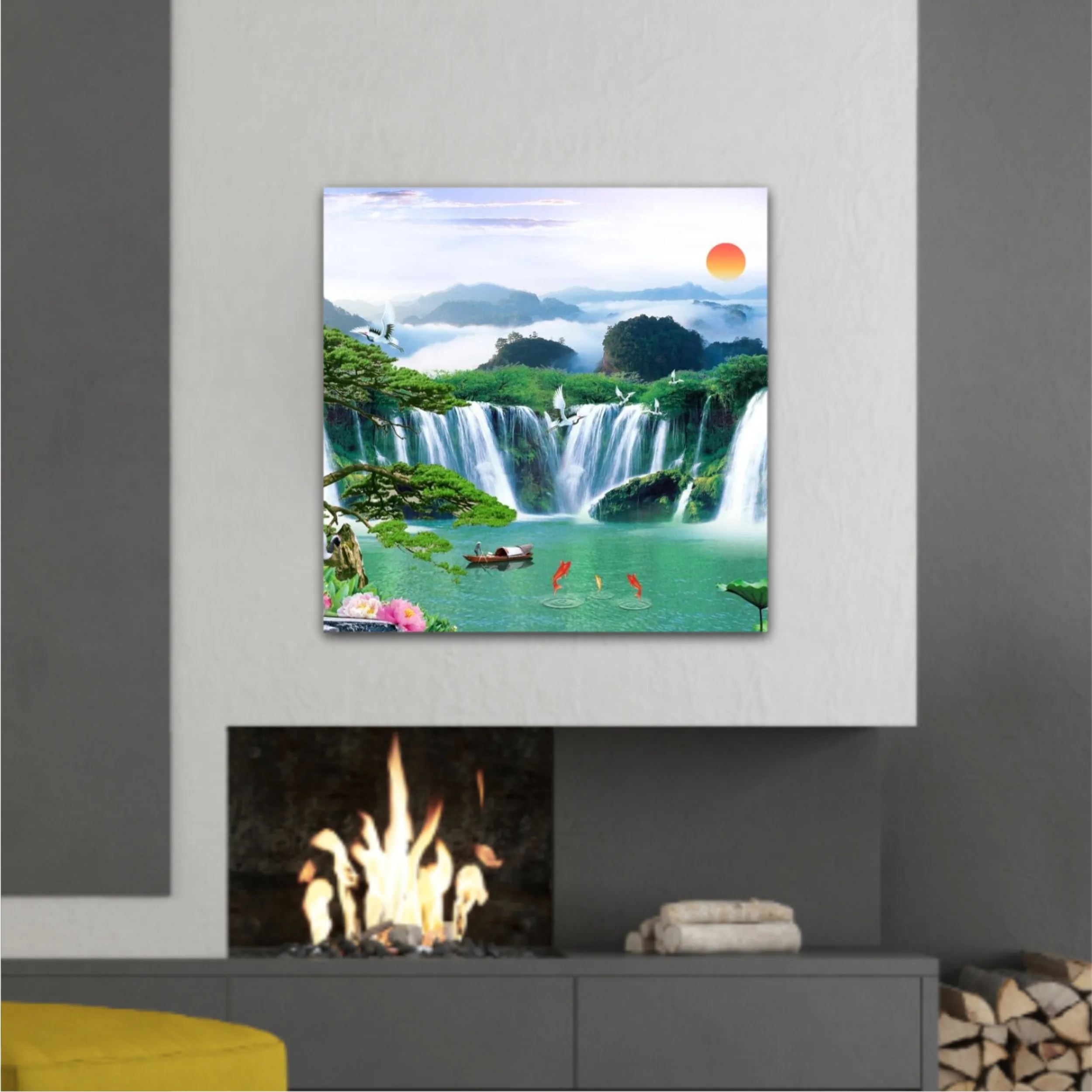 3d illustration of forest waterfall and bird