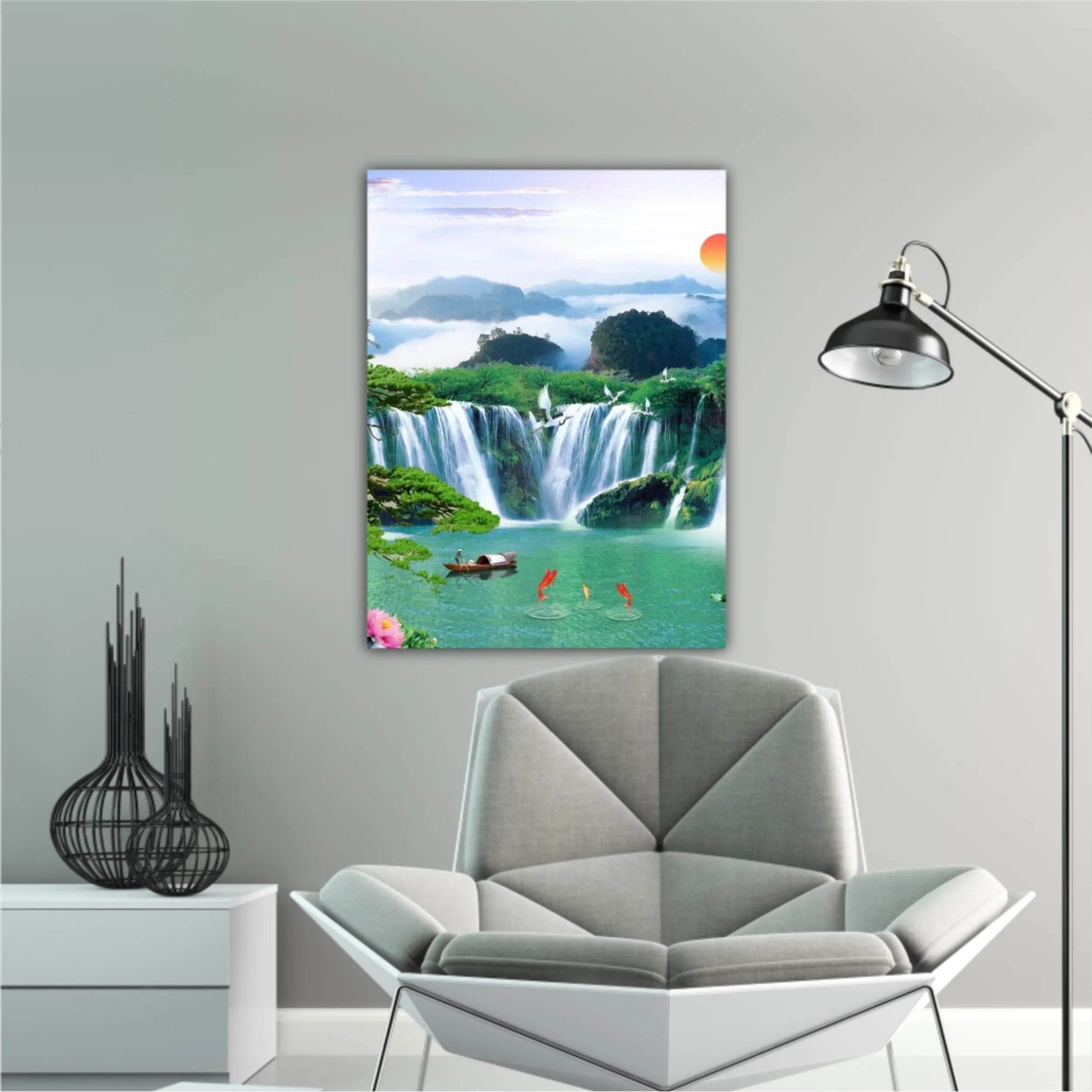 3d illustration of forest waterfall and bird