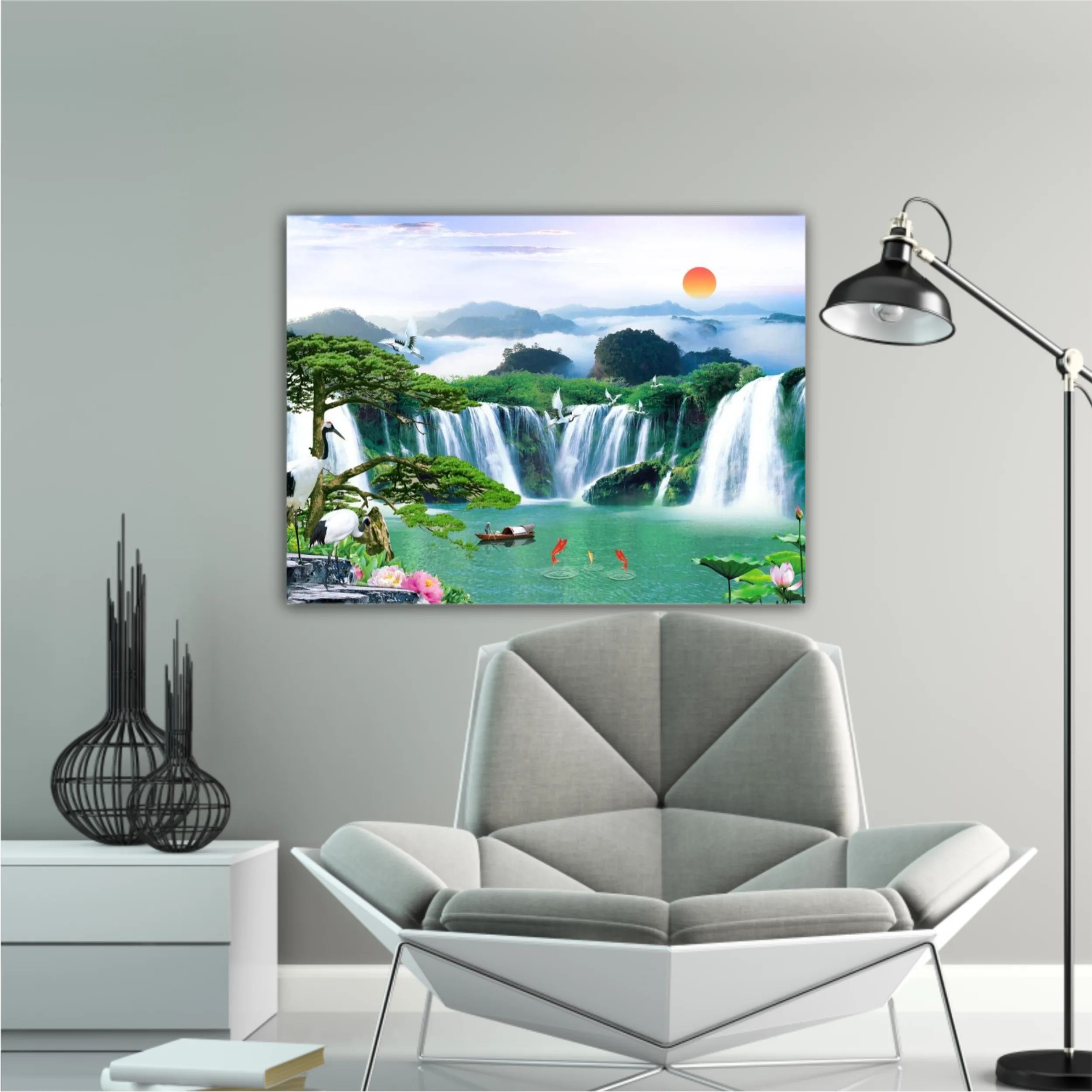 3d illustration of forest waterfall and bird