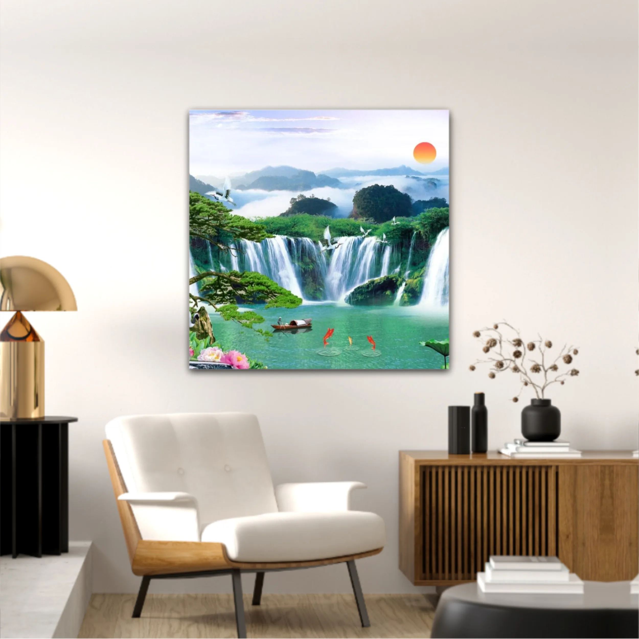 3d illustration of forest waterfall and bird