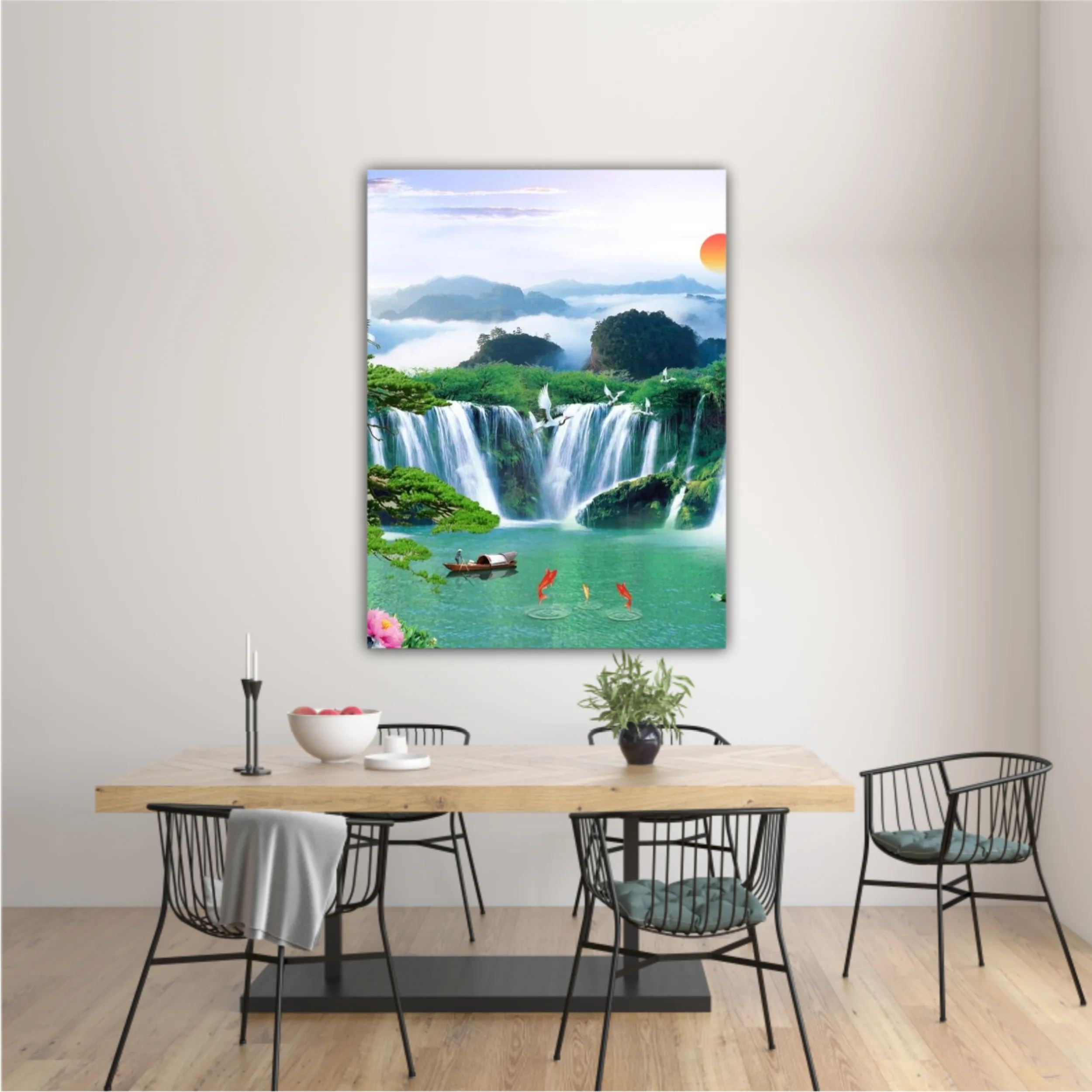 3d illustration of forest waterfall and bird