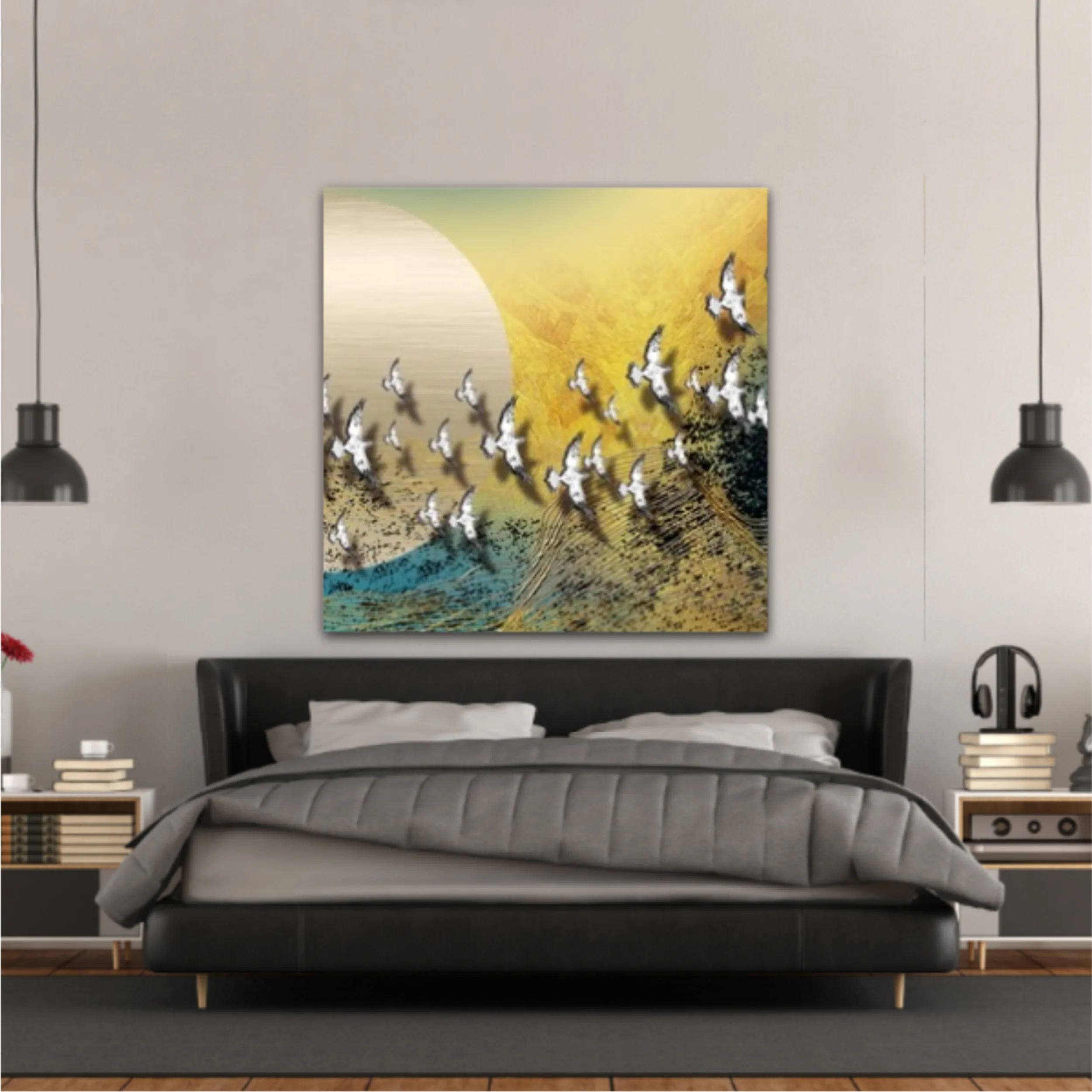 3d illustration of white flock of birds flying over the moon. Luxurious abstract art digital painting