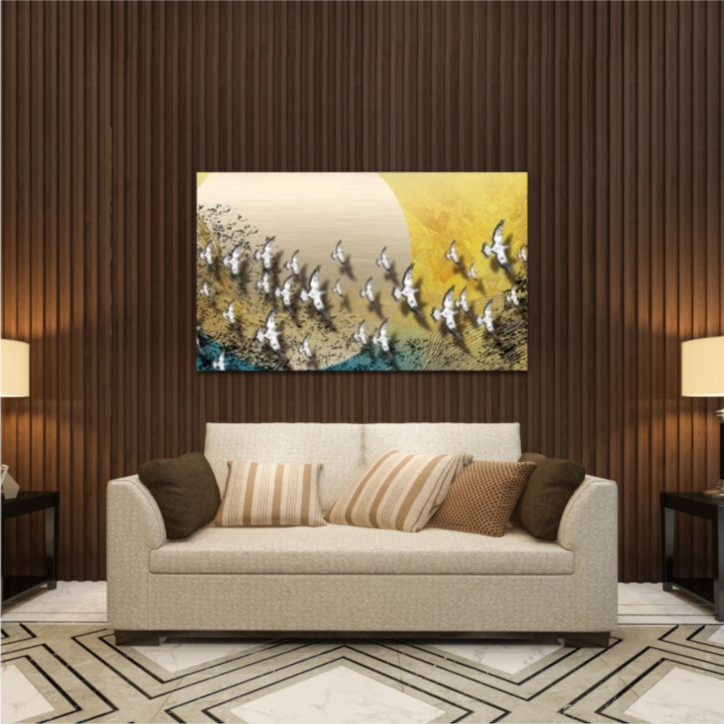 3d illustration of white flock of birds flying over the moon. Luxurious abstract art digital painting