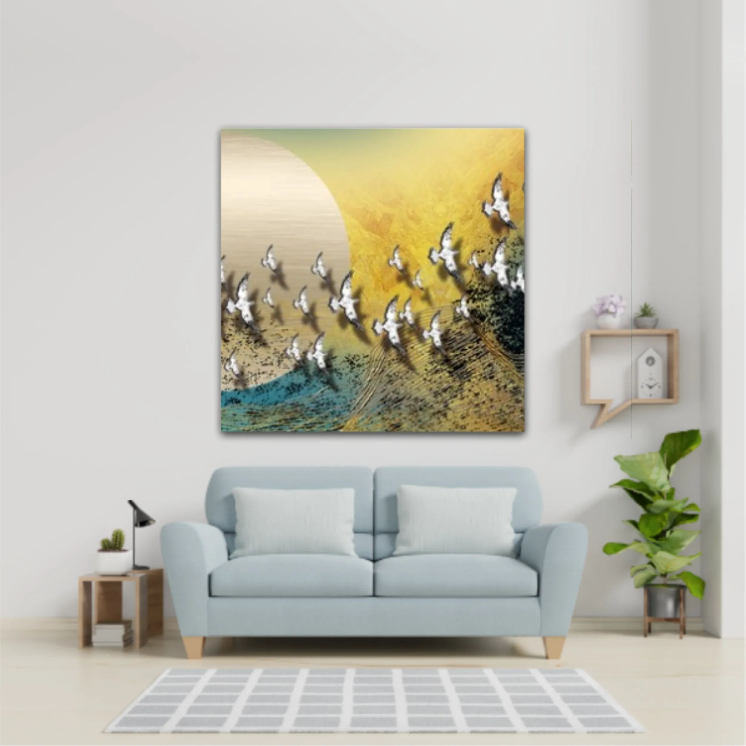 3d illustration of white flock of birds flying over the moon. Luxurious abstract art digital painting