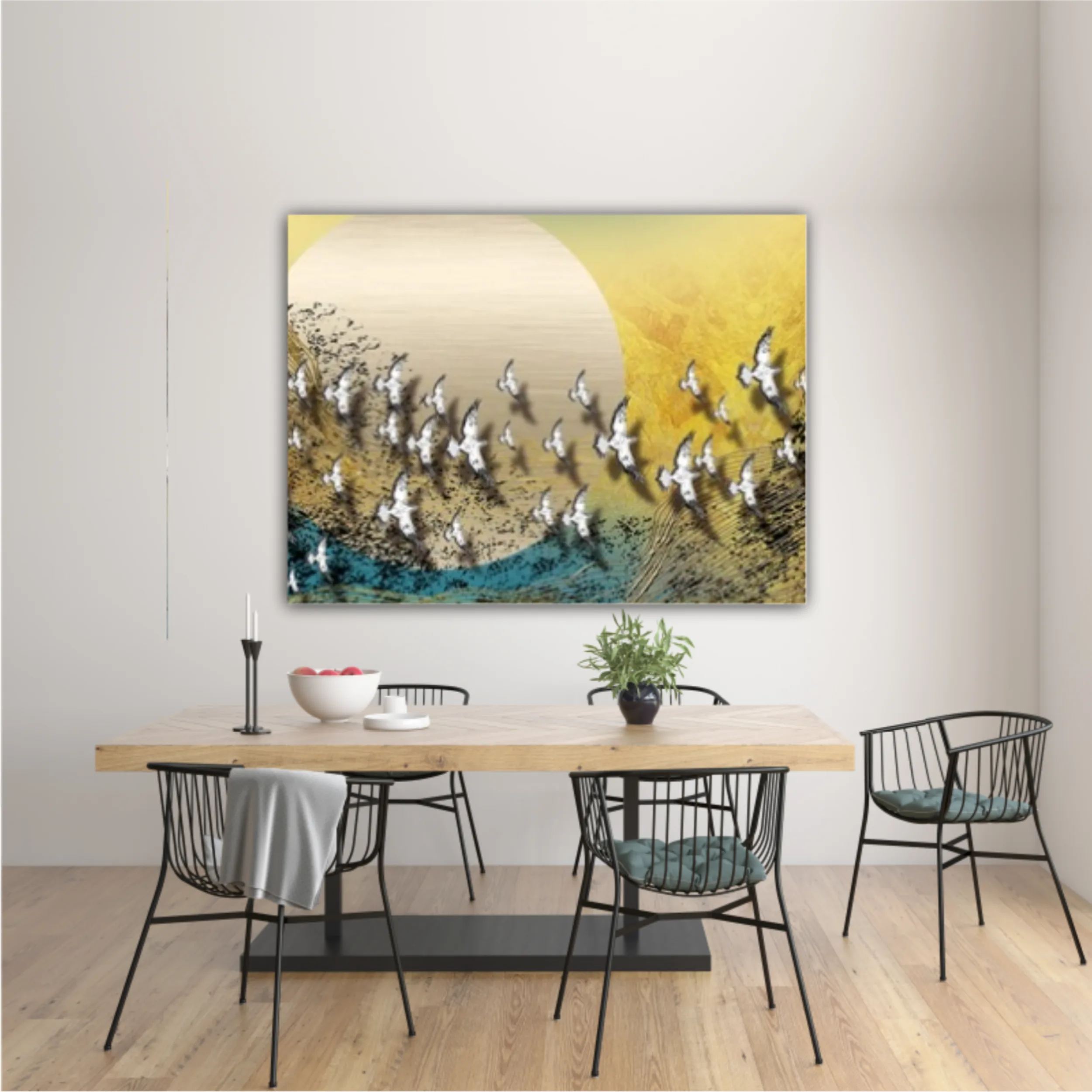 3d illustration of white flock of birds flying over the moon. Luxurious abstract art digital painting