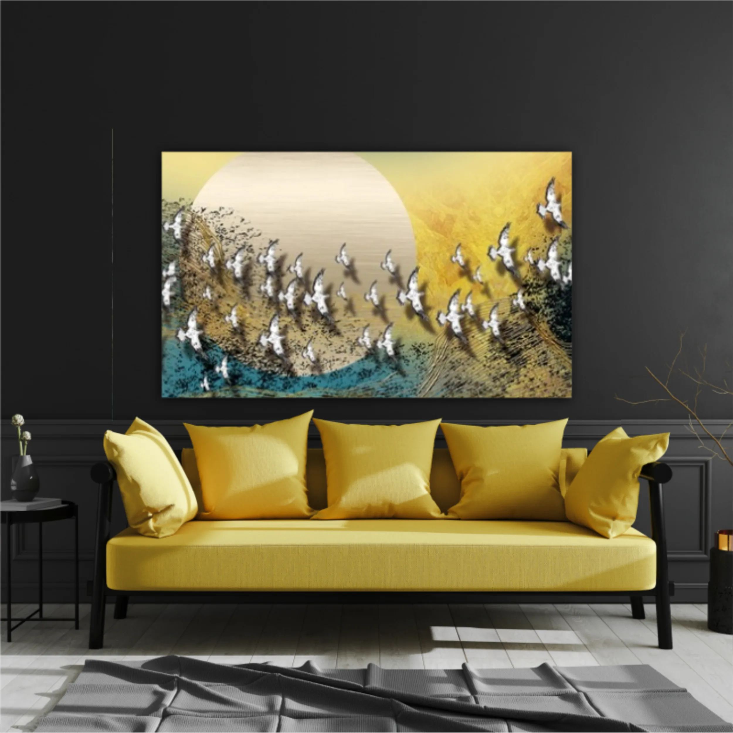 3d illustration of white flock of birds flying over the moon. Luxurious abstract art digital painting