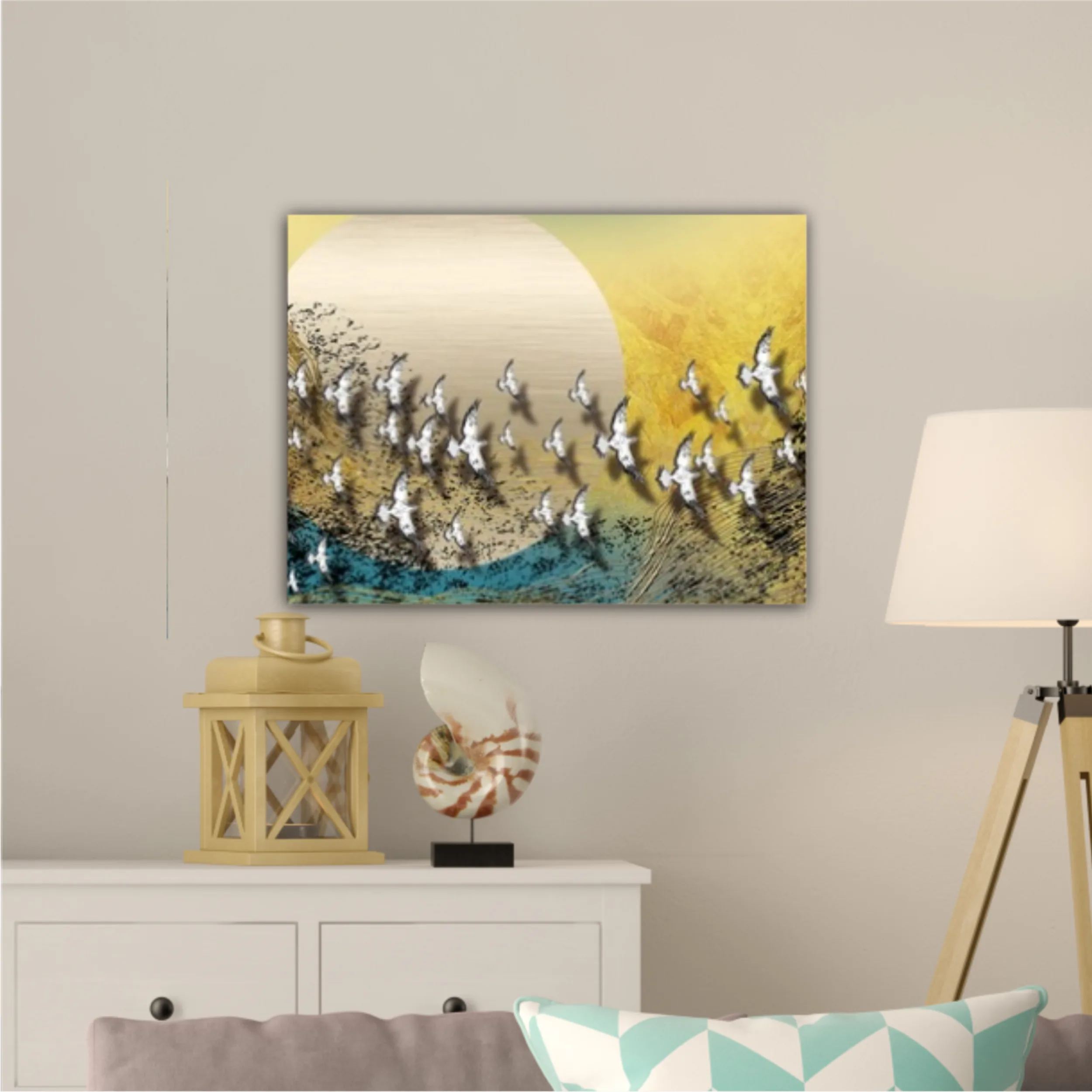 3d illustration of white flock of birds flying over the moon. Luxurious abstract art digital painting