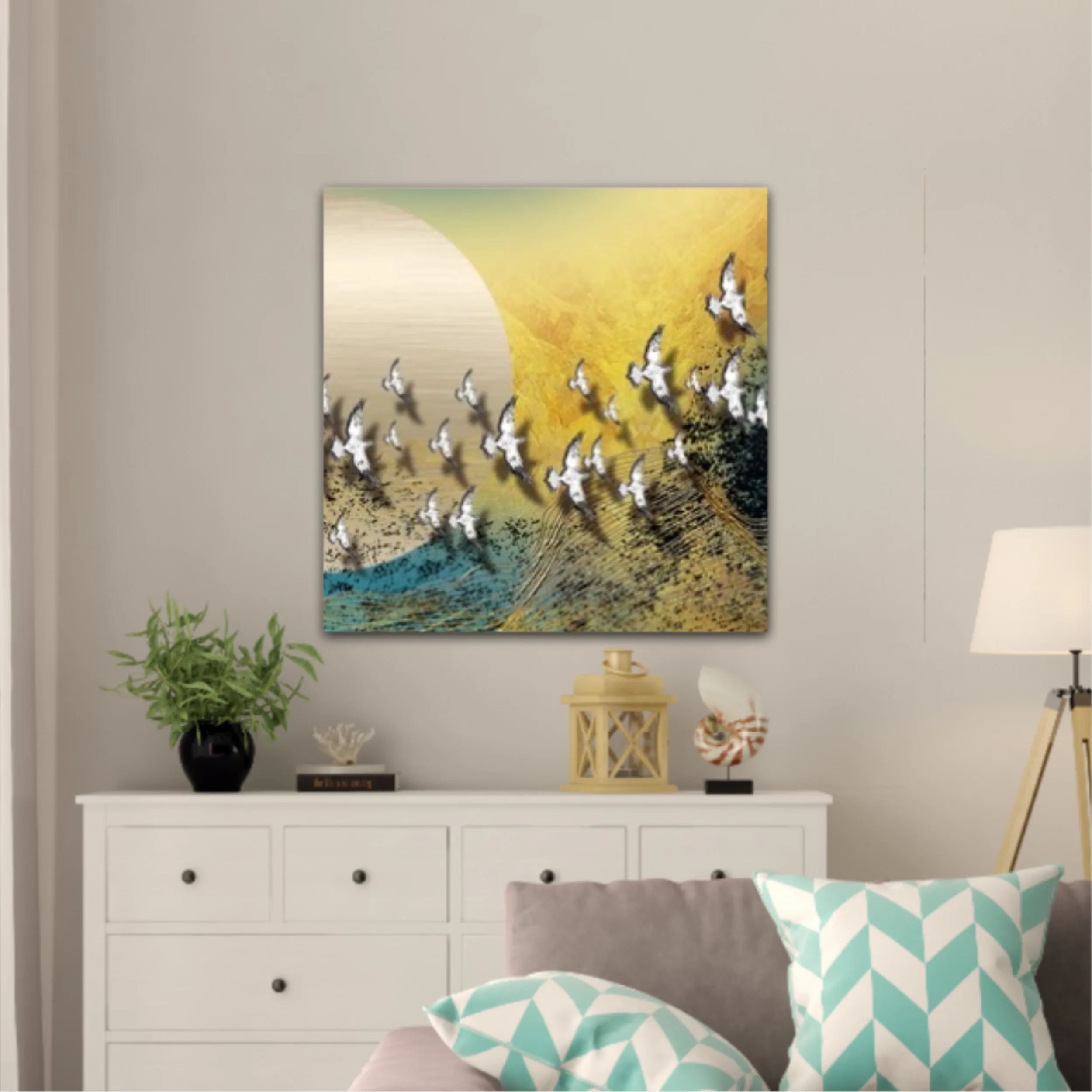 3d illustration of white flock of birds flying over the moon. Luxurious abstract art digital painting