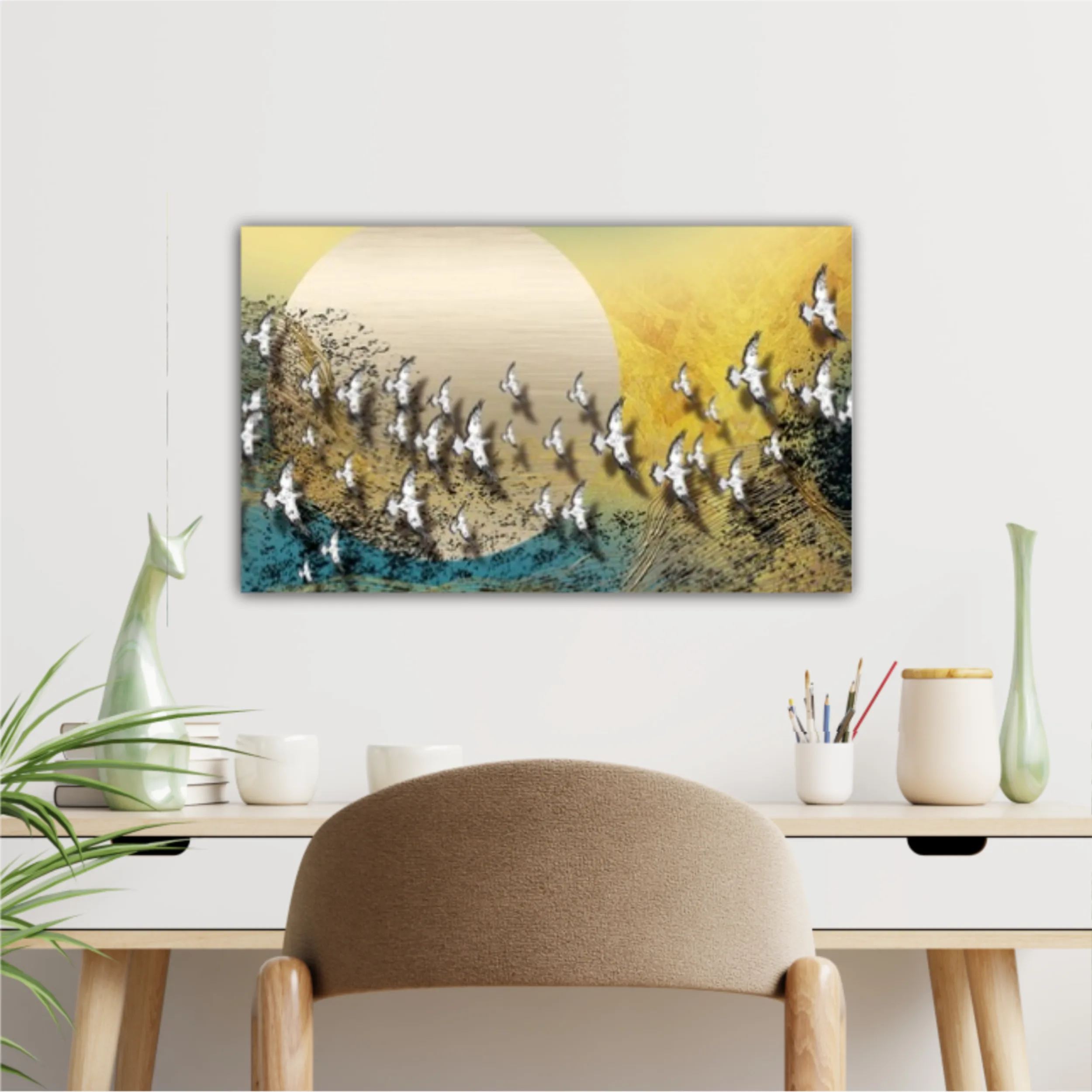 3d illustration of white flock of birds flying over the moon. Luxurious abstract art digital painting