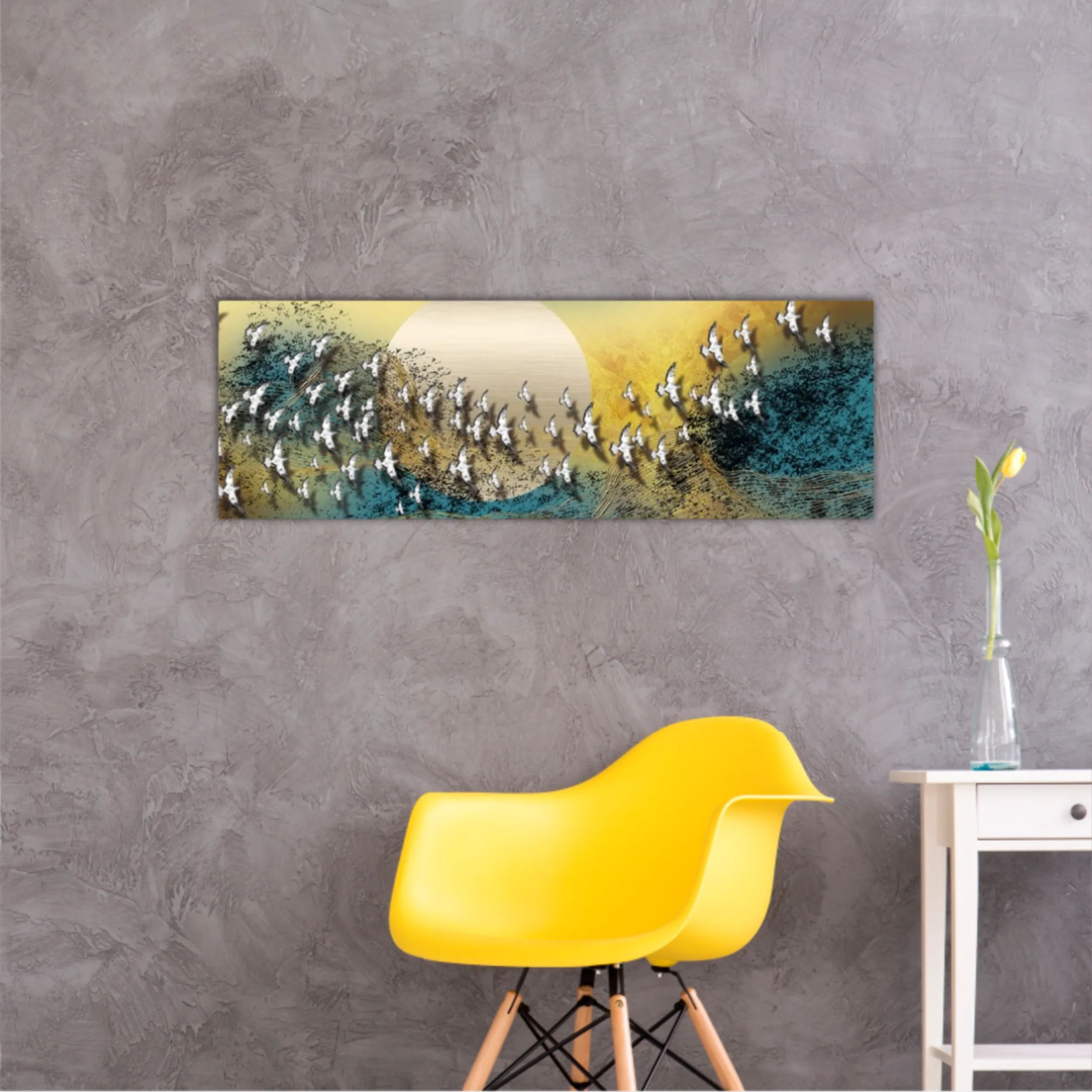 3d illustration of white flock of birds flying over the moon. Luxurious abstract art digital painting