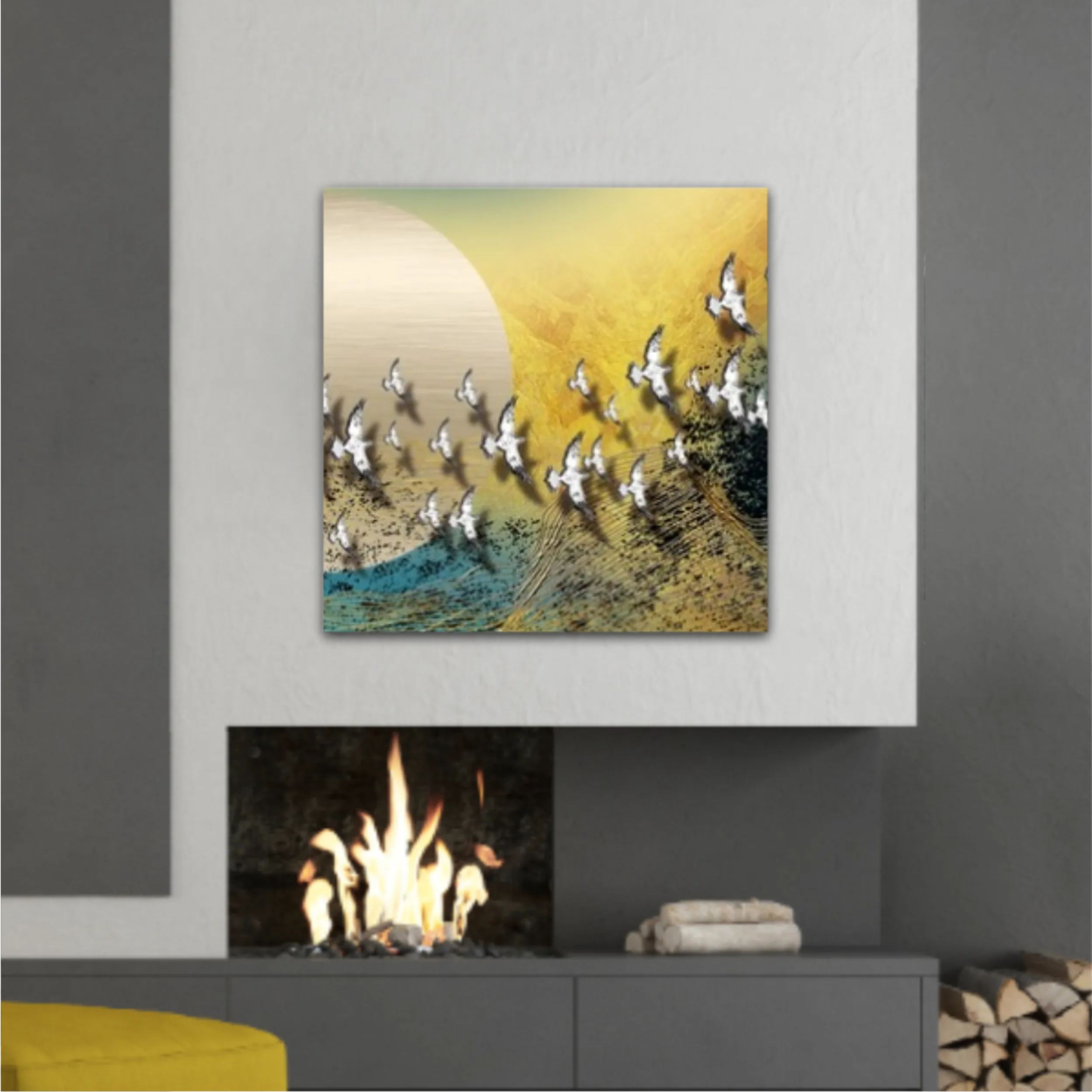 3d illustration of white flock of birds flying over the moon. Luxurious abstract art digital painting