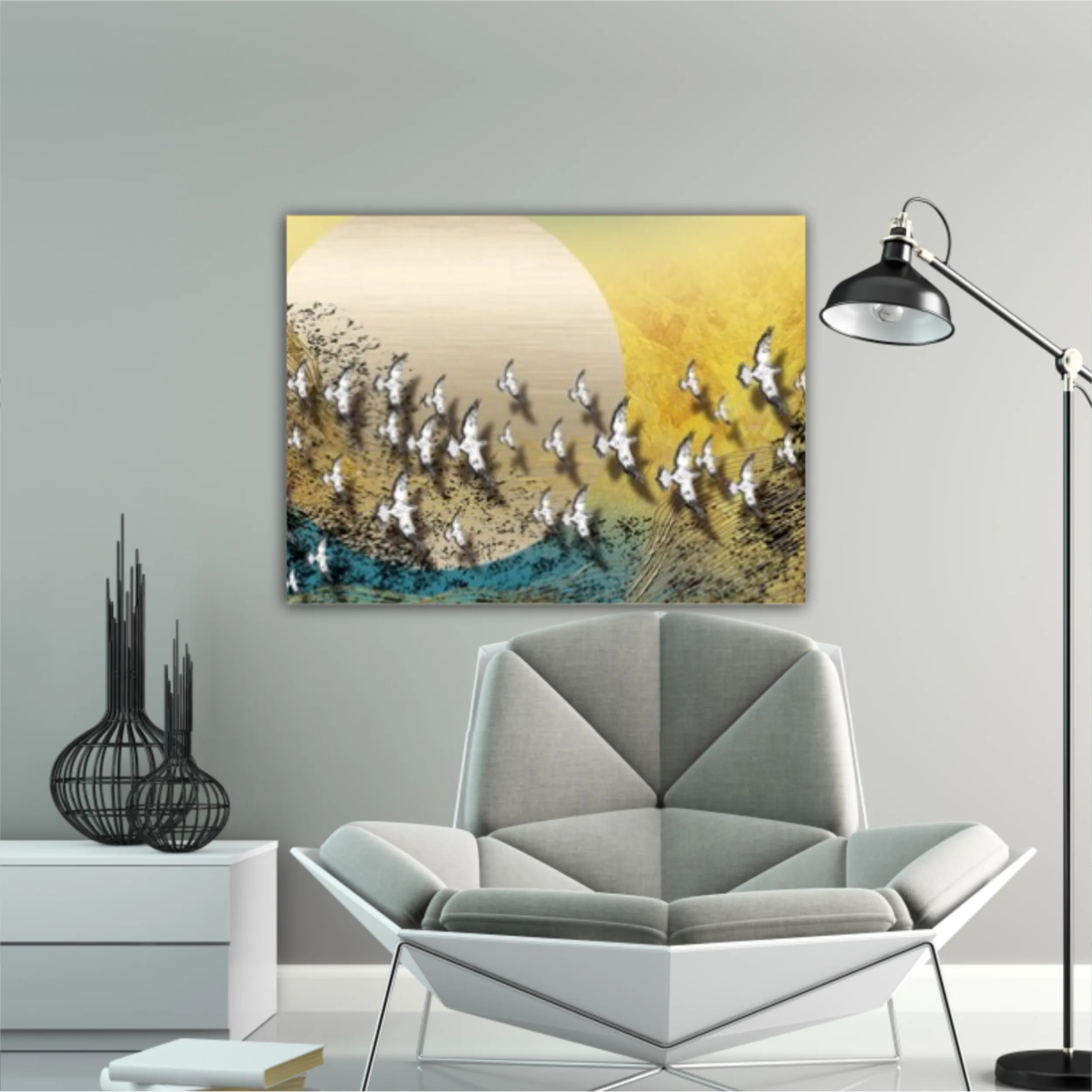 3d illustration of white flock of birds flying over the moon. Luxurious abstract art digital painting