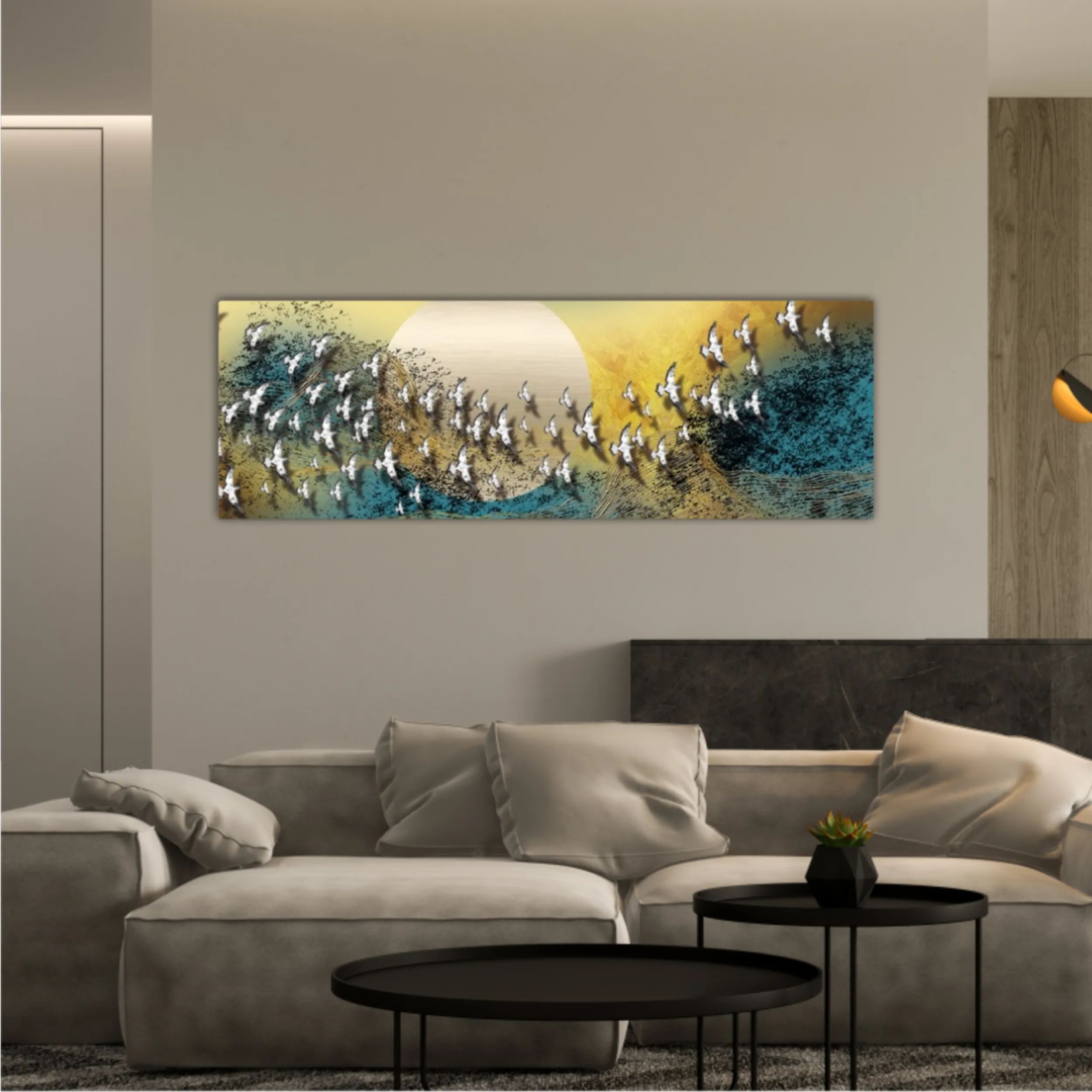 3d illustration of white flock of birds flying over the moon. Luxurious abstract art digital painting