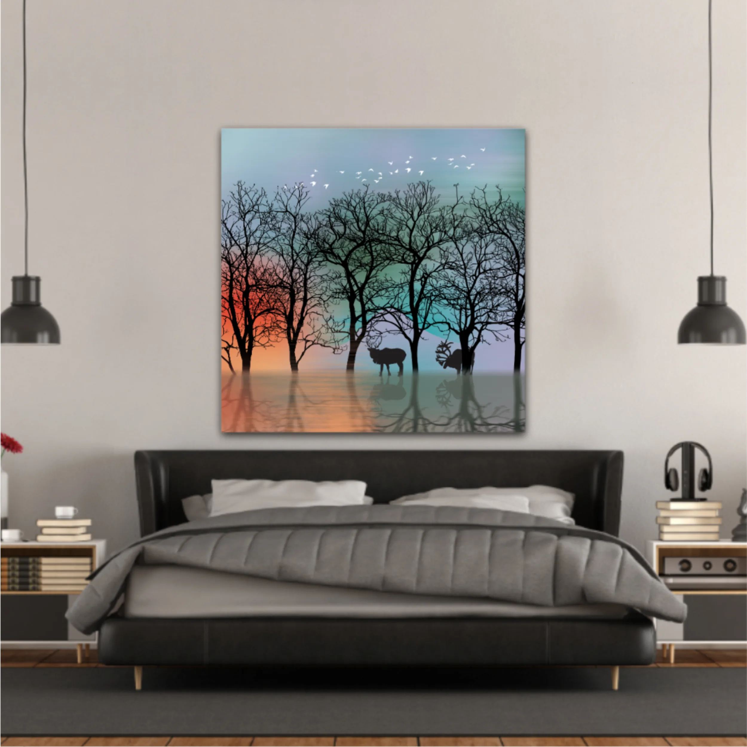 3d illustration of deer and forest, reflection of landscape. Luxurious abstract art digital painting