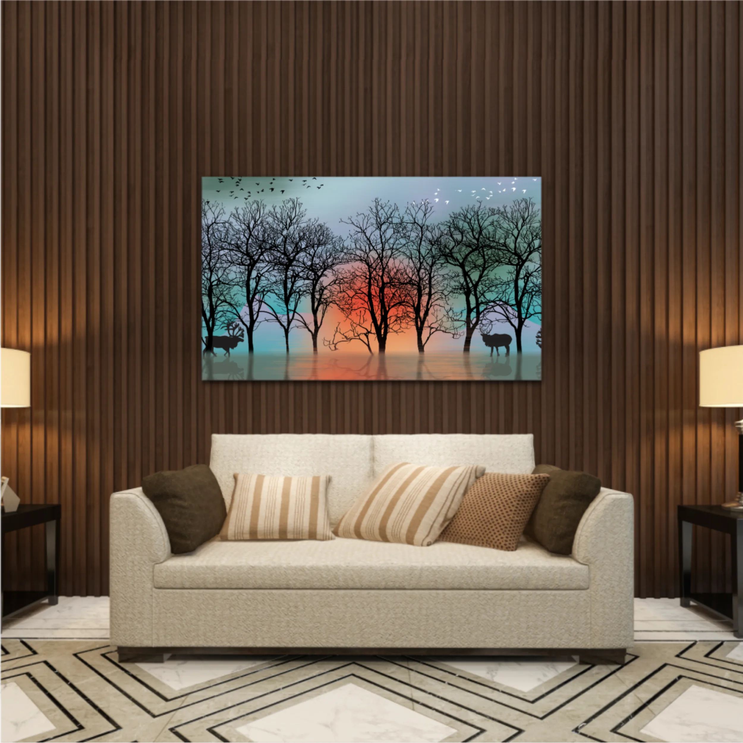 3d illustration of deer and forest, reflection of landscape. Luxurious abstract art digital painting